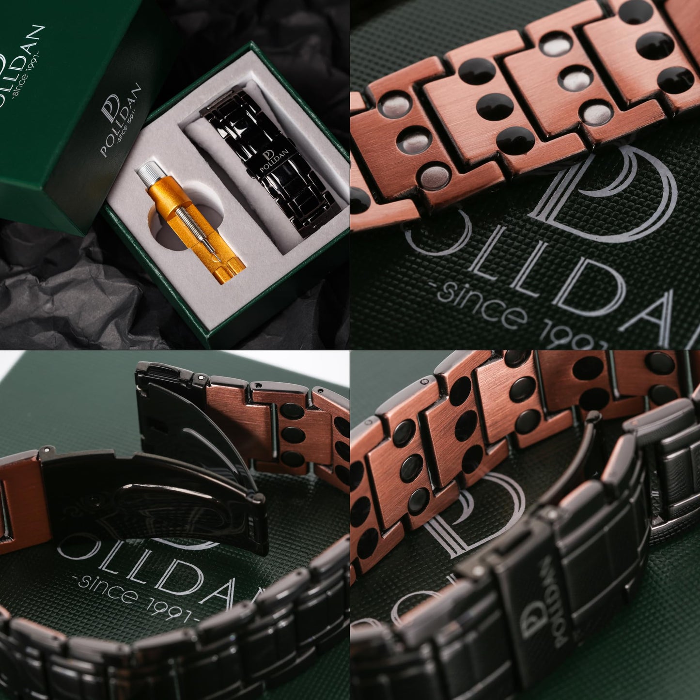 POLLDAN Copper Bracelet 6200 Gauss Power | Mens Bracelet 99.99% Pure Copper | Magnetic Bracelets for Men with Adjustable Fit & Sizing Tool | Stylish Men's Jewelry | Magnet Gifts for Him (3X Power Black Copper)