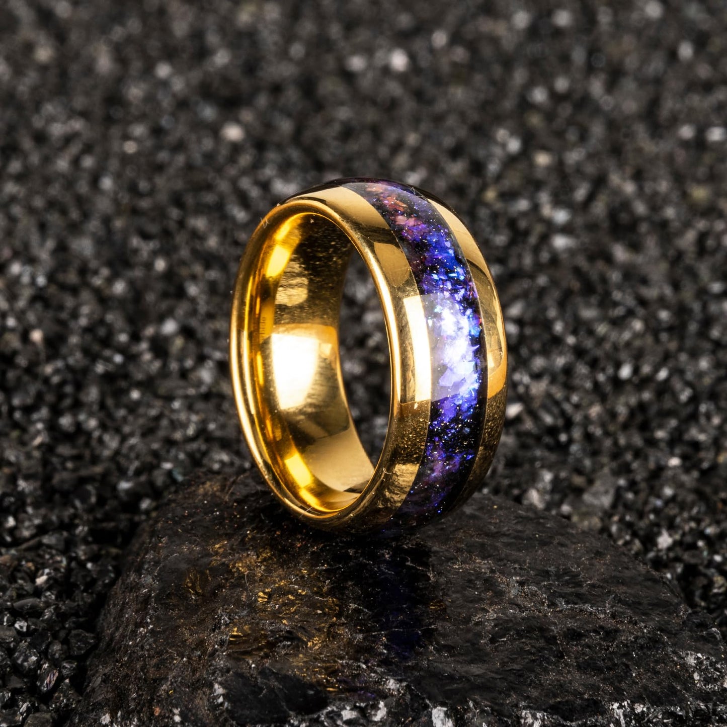 JEWPER 8mm Men Womens Wedding Band Tungsten Rings Gold Fashion Promise Carbide Inlaid Galaxy Sandstone Matte Finish Edge Comfort Fit Size(11)