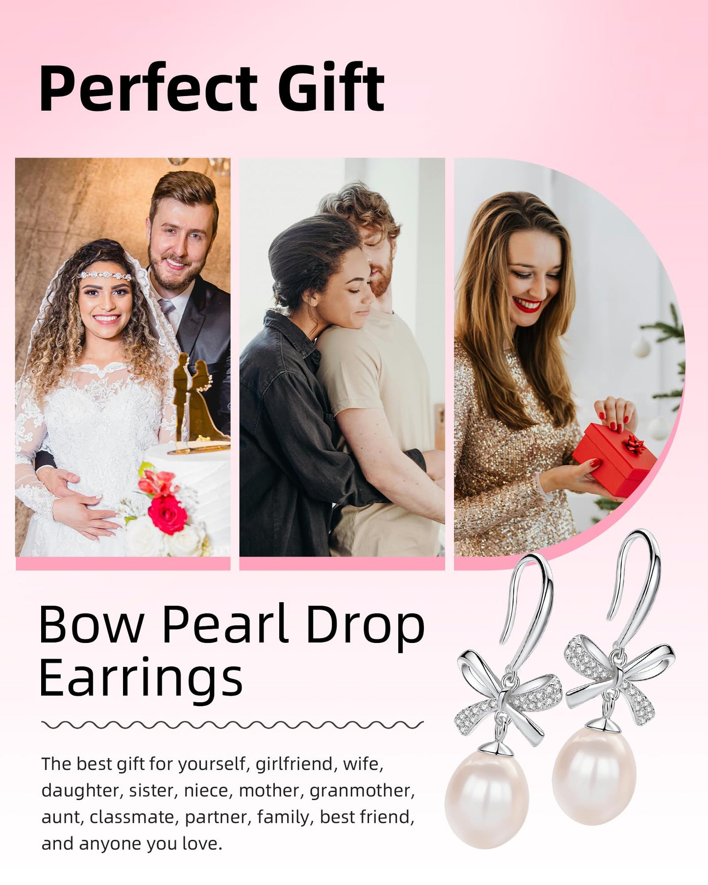Pearl Drop Earrings for Women, Gold Plated & 925 Sterling Silver, Pink & White Dangle Earrings, Dainty Cute Elegant Bridal Wedding Gift for Her