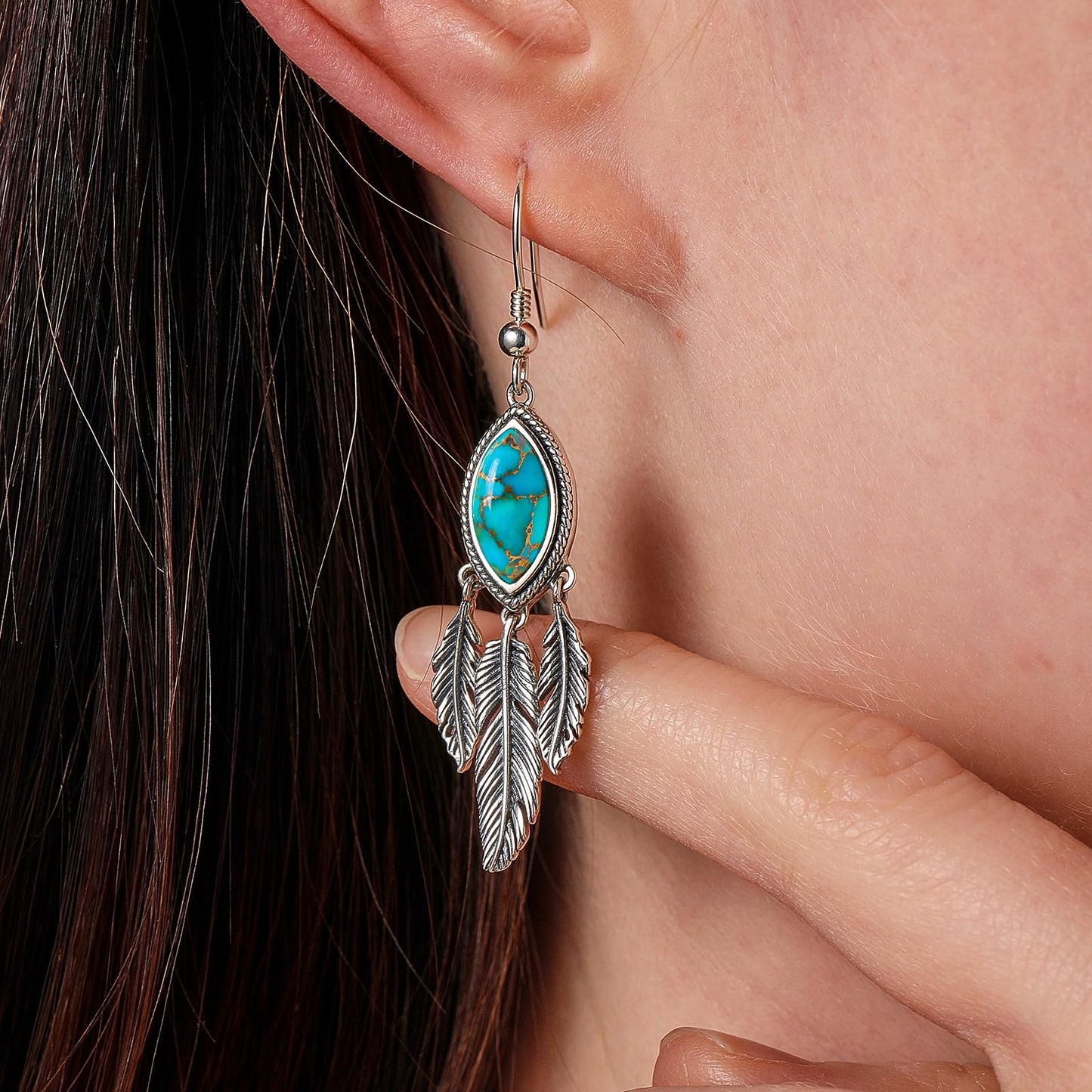 AVECON Genuine Teal Turquoise Feather Dangle Earrings for Women, 925 Sterling Silver Mohave Pierced Drop Earring with Hook and Leaf, Boho Western Country Native American Jewelry for Cowgirl & Cowboy
