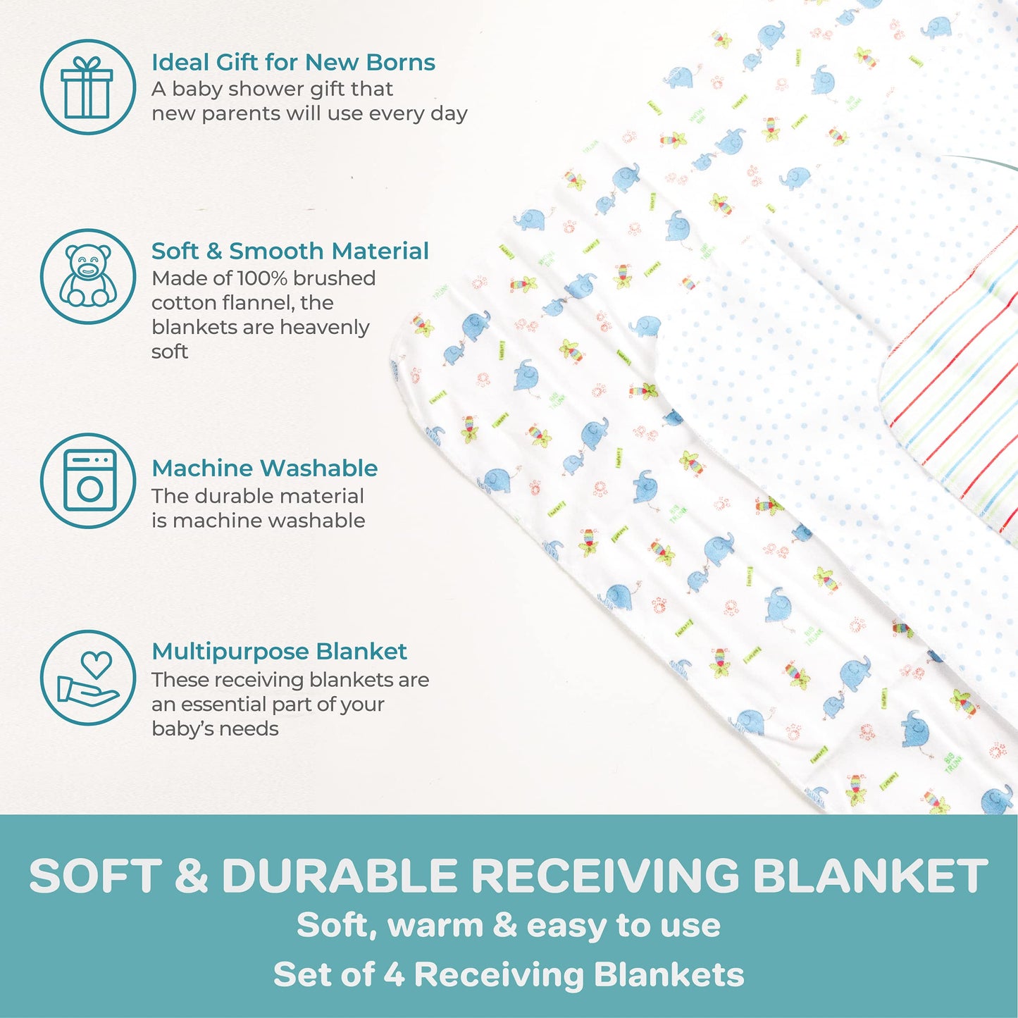 Spasilk Receiving Baby Blanket, 100% Cotton Flannel Blanket, Pack of 4, Blue