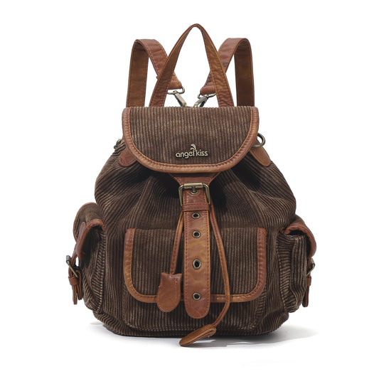 Angel Kiss Small Corduroy Backpack Purse for Women, 3-in-1 Convertible Shoulder Bag with Detachable Straps, Vintage Multi-Pocket Mini Daypack with Vegan Leather Trim for Travel & Everyday
