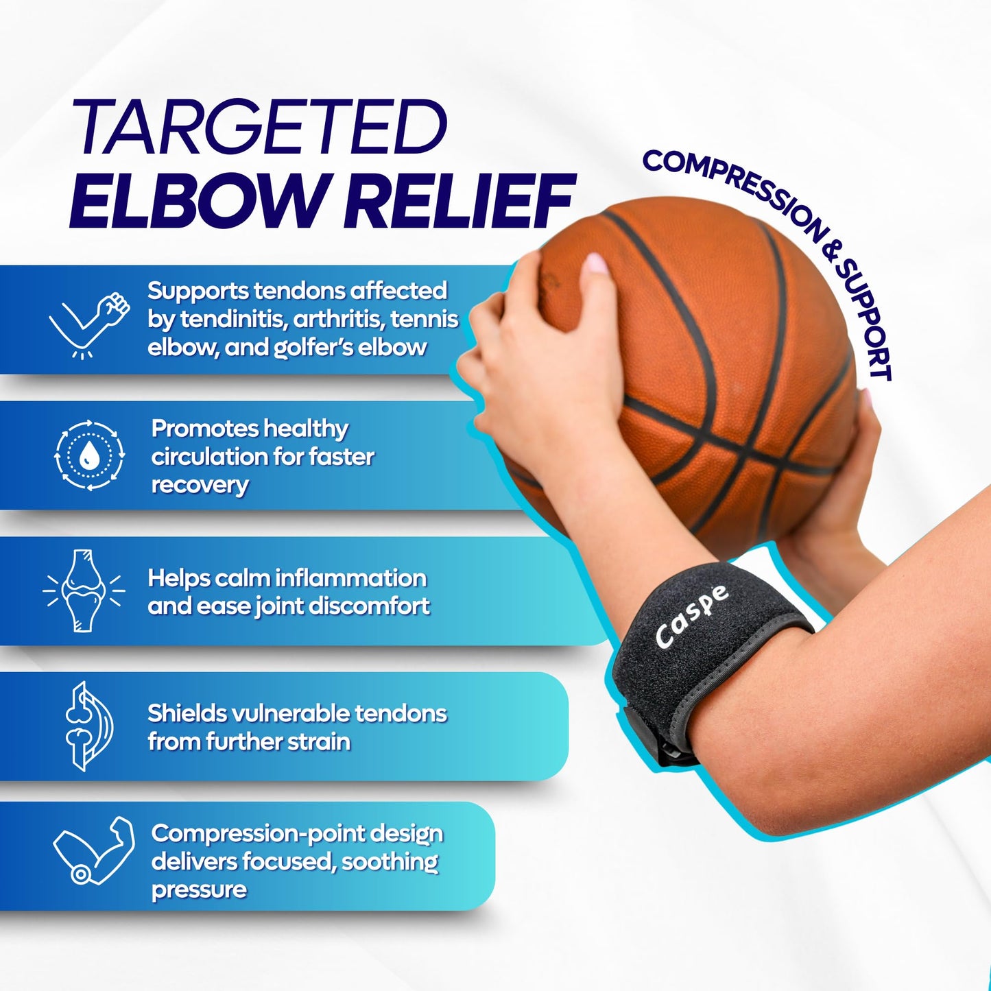Caspe 2 Pack Tennis Elbow Brace for Men and Women – Adjustable Arm Brace for Tendonitis, Golfer’s Elbow and Bursitis – Arm Band & Counterforce Forearm Support, Daily Use Pain Relief – Blue