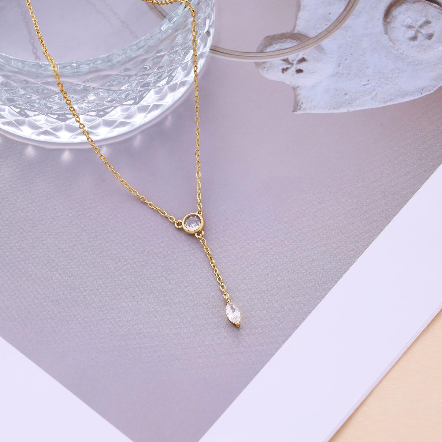 Fwlisesa Gold Necklace for Women, 14k Gold Plated Teardrop Lariat Necklace Dainty Long Necklaces for Women Trendy Simple Y Shaped Necklace Charm Gold Drop Necklace Summer Jewelry for Women