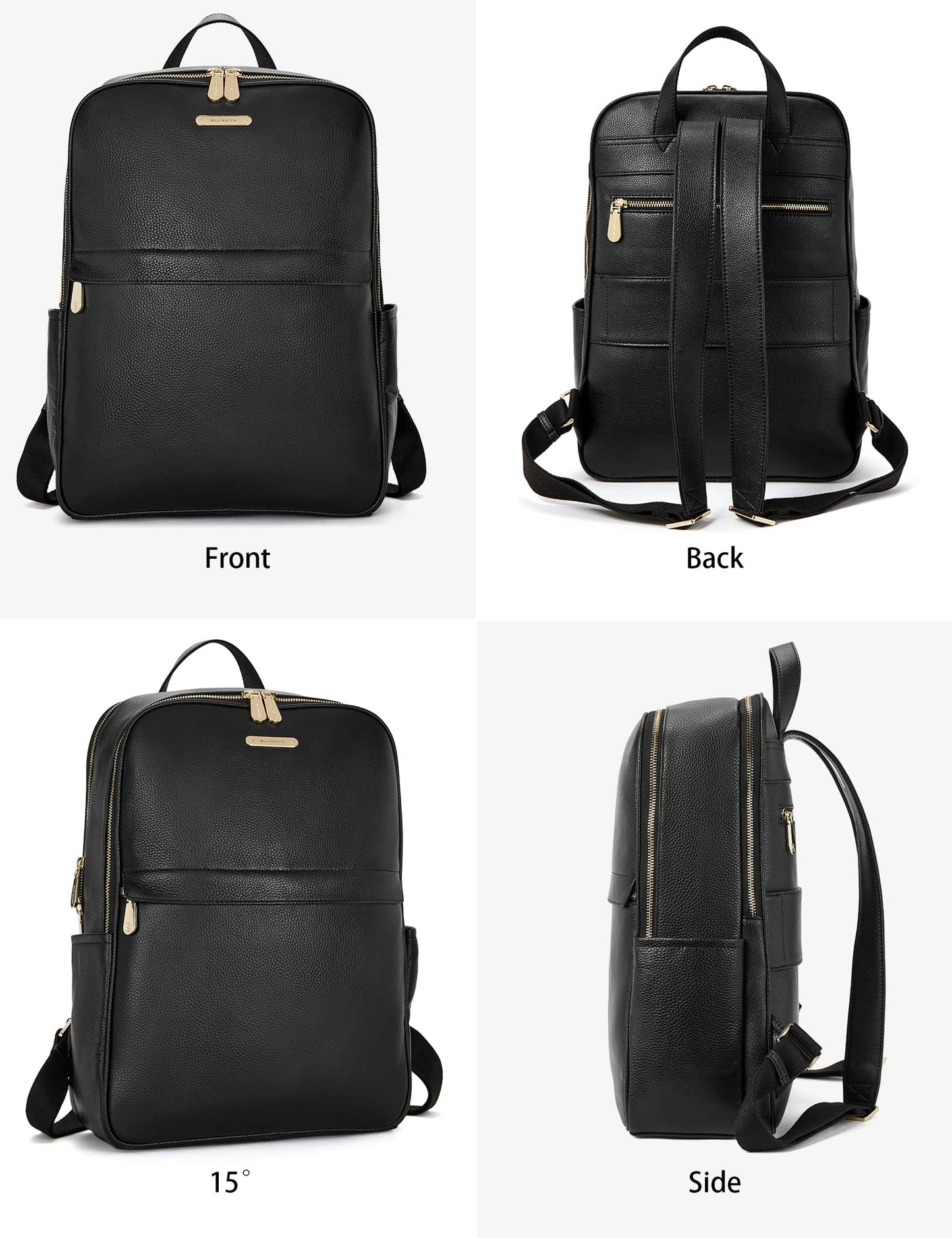 BOSTANTEN Genuine Leather 15.6 inch Laptop Backpack Purse for Women College Casual Backpack Travel Bag Daypack Black