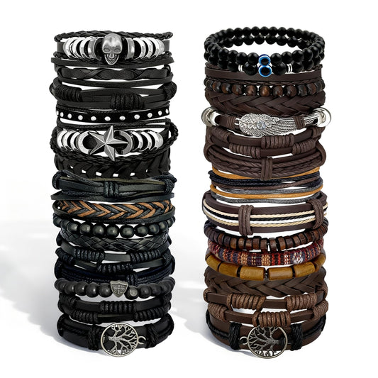 Zobnexts 31Pcs Braided Leather Bracelets for Men Women Punk Wrap Wood Beads Bracelets Adjustable Hemp Cords Ethnic Tribal Handmade Wrap Wristband Punk Gothic Evil Eye Skull Skeleton Bracelet