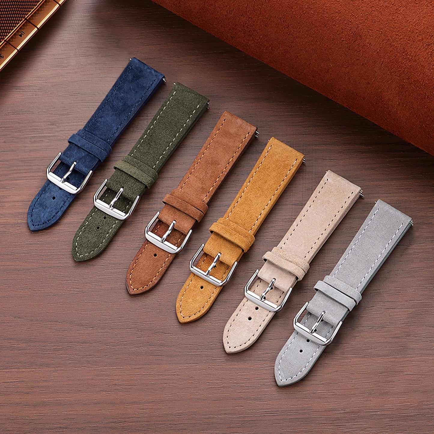 JUNGHELE Suede Leather watch bands for men and women, Quick Release leather watch strap with Silver Buckle watch leather strap,Yellow-brown 22mm watch band WBG0206