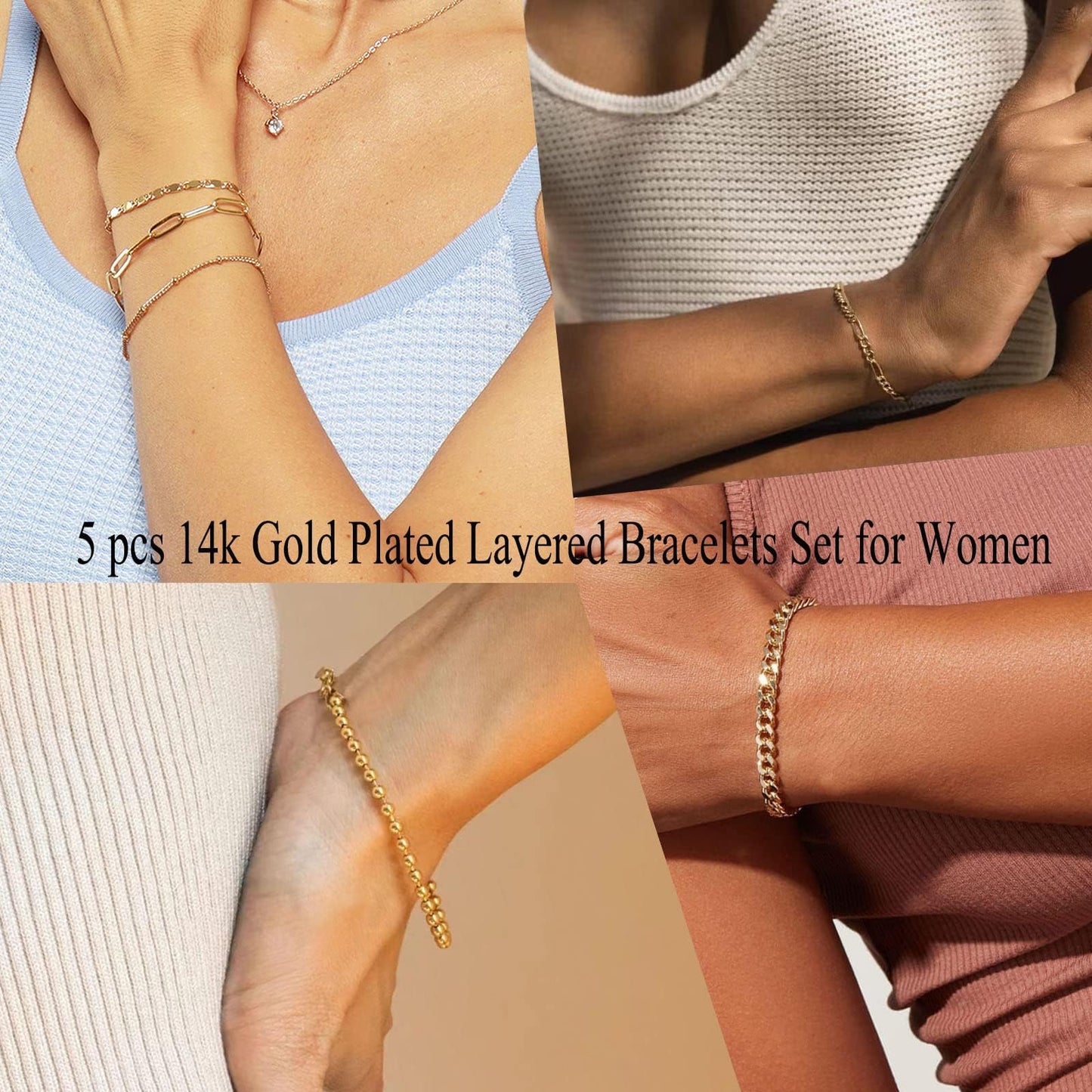 Gokeey Dainty 14K Real Gold Plated Bracelets Set for Women，Stackable Beaded Cuban Chain Link Layered Gold Bracelet for Women Trendy Gold Jewelry 5pcs