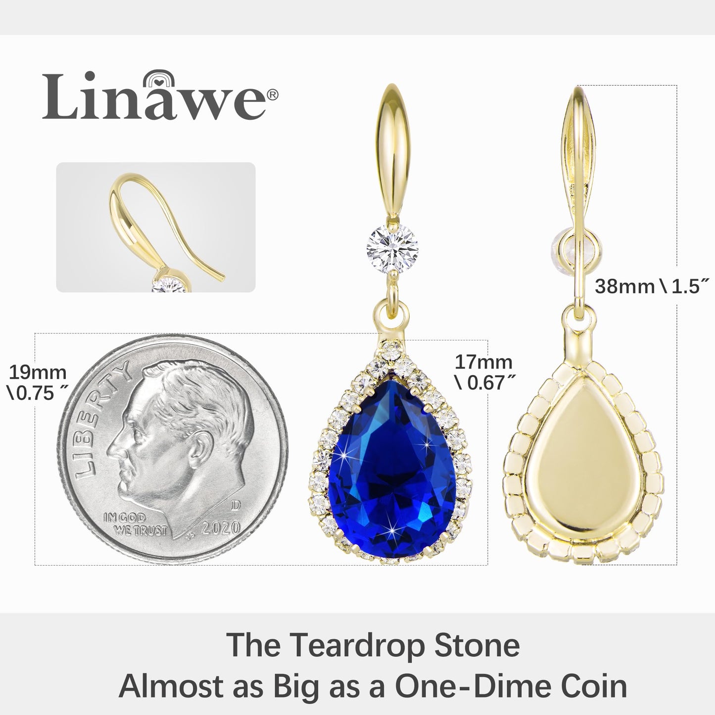 Linawe Sapphire Blue Dangle Earrings for Women Trendy, Imitation Diamond Drop Earrings, Chandelier Rhinestone Cubic Zirconia Crystal Teardrop Earrings 14K Gold, Wedding Jewelry