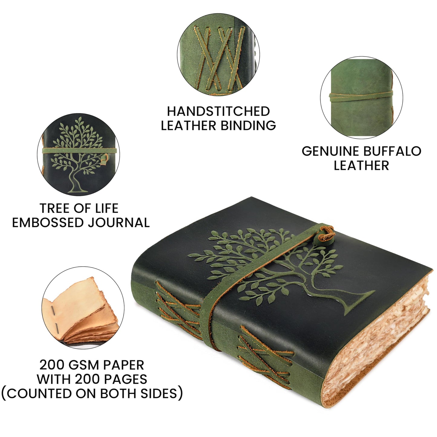 LEATHER VILLAGE Tree of Life Handmade Leather Bound Vintage Journal for Men & Women - 200 Pages Antique Deckle Edge Handmade Paper- Book of Shadow - Green - 6X4 Inches