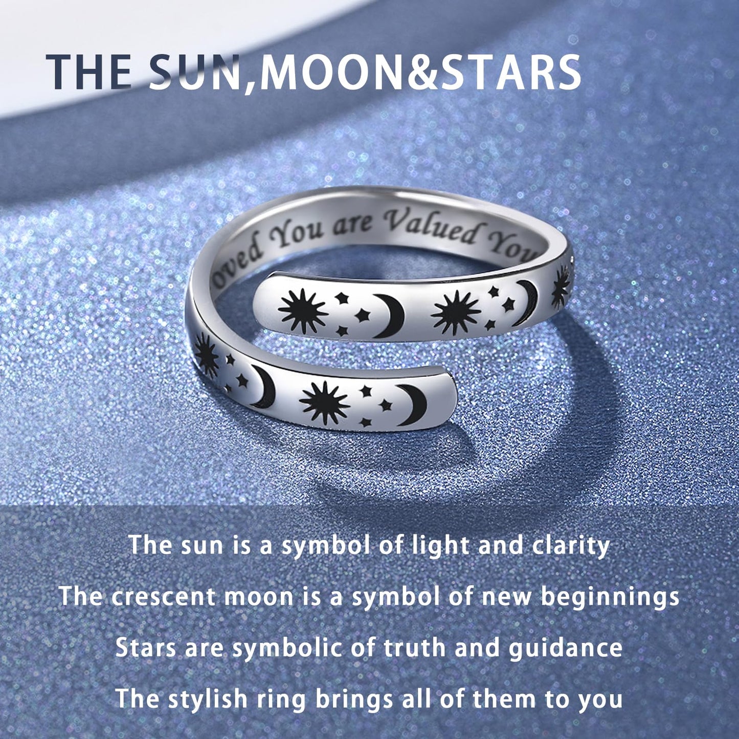 925 Sterling Silver Inspirational Jewelry Adjustable Wrap Open Ring Encouragement Gift for Women (Sun & Moon - You are Loved You are Valued You are Beautiful)