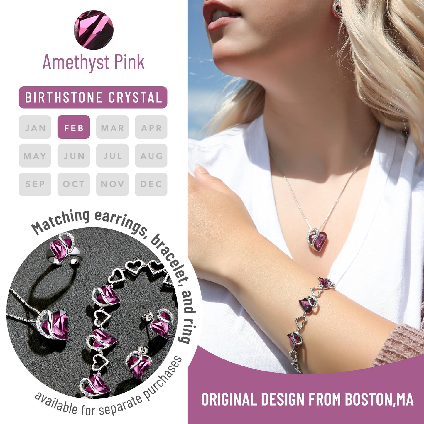 Leafael Gift Necklaces for Women, Infinity Love Birthstone Heart Pendant, Amethyst Pink Crystal for February, Birthday Jewelry for Her, Mom, and Wife, Silver Plated, 18" plus 2" Chain