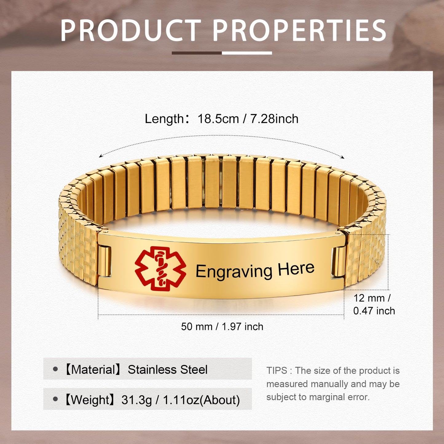 Bijouweled Medical Alert Bracelet for Women Men 7.5 to 9.8 Inches Emergency ID Bracelets Free Engraving Personalized Medic Alert Bracelet for Adult (Gold 7.3inch stretchable)