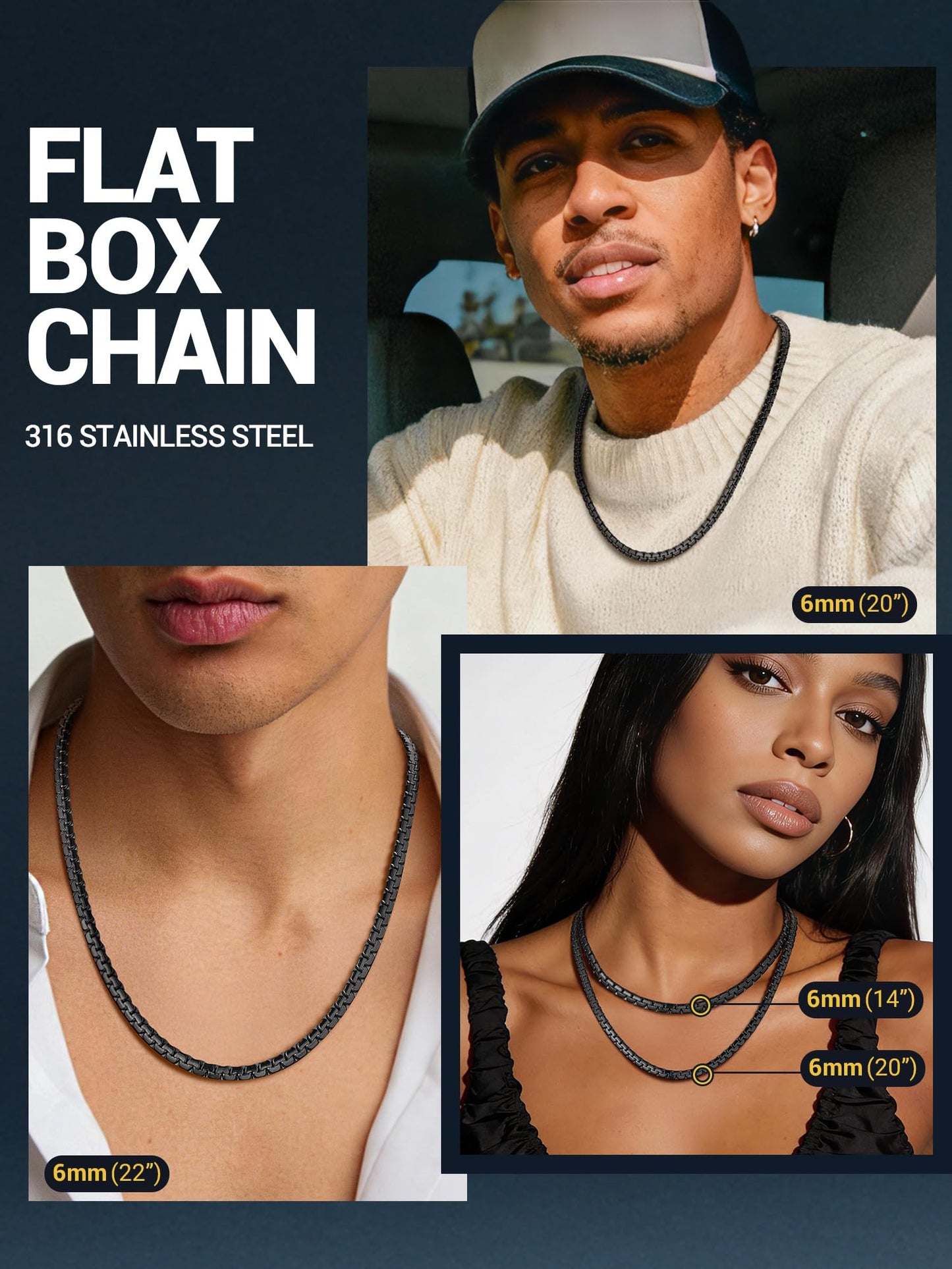 PROSTEEL Black Layered Necklace Flat Link Chain Men Jewelry Minimalist Chain Gothic Statement Long Necklace