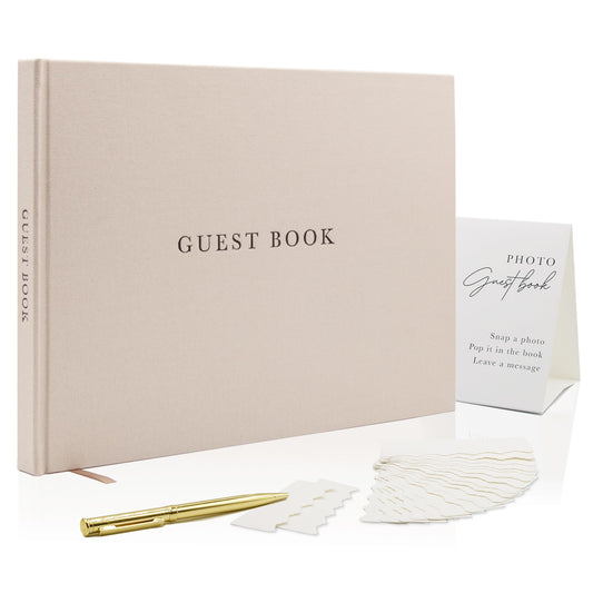Modern Album Designs Real Linen Guest Book Set - 11.5 x 8.5 Embossed Guestbook for Weddings, Showers, Events, Blank & Lined, Comes with Sign, Pen, Box and Photo Sleeves, 120 Pages (Oatmeal)
