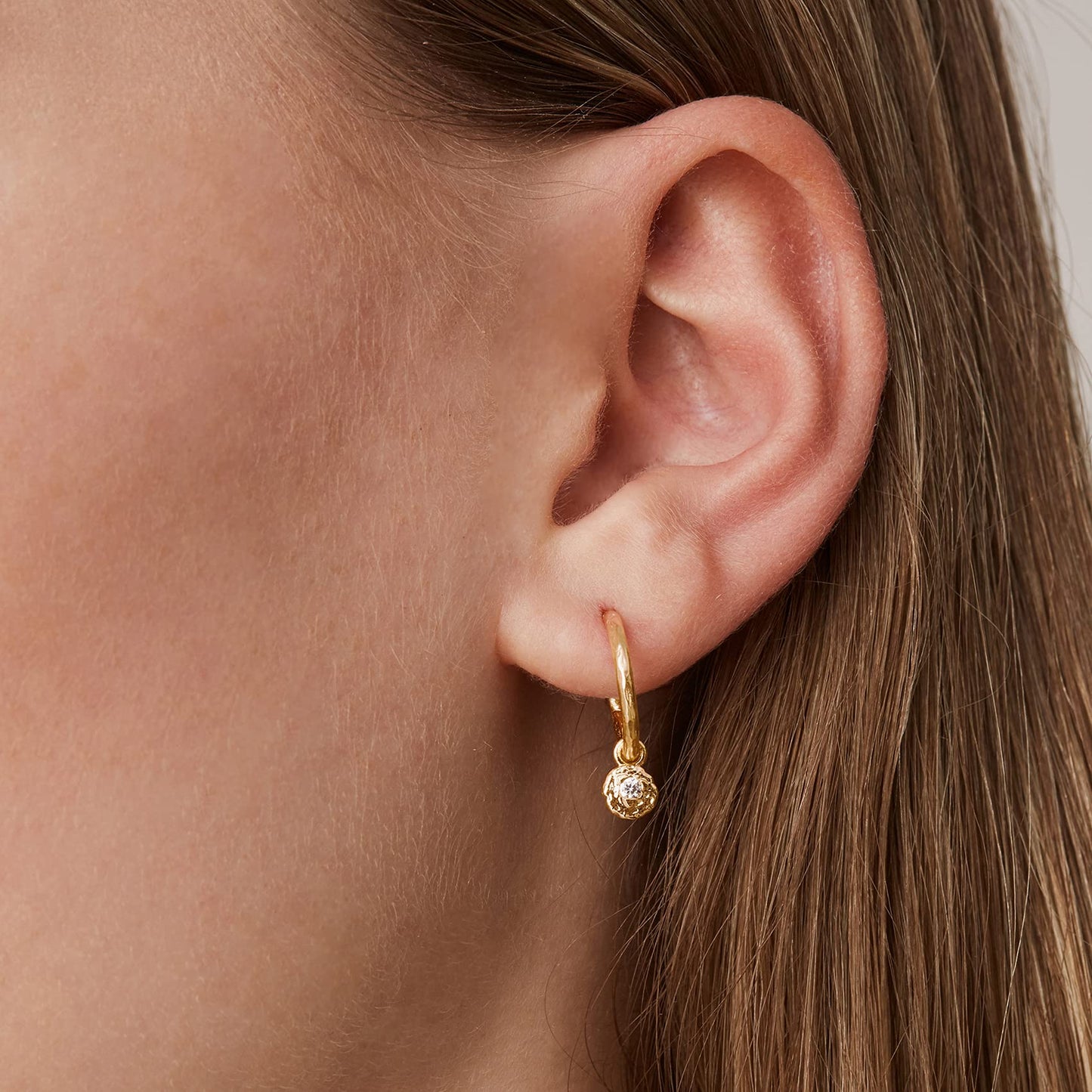 PAVOI 14K Yellow Gold Plated 925 Sterling Silver Post Hammered Open Huggie hoop Earring With CZ Dangle | Womens PAVOI Earrings | Small Huggie Earring With Round Dangle