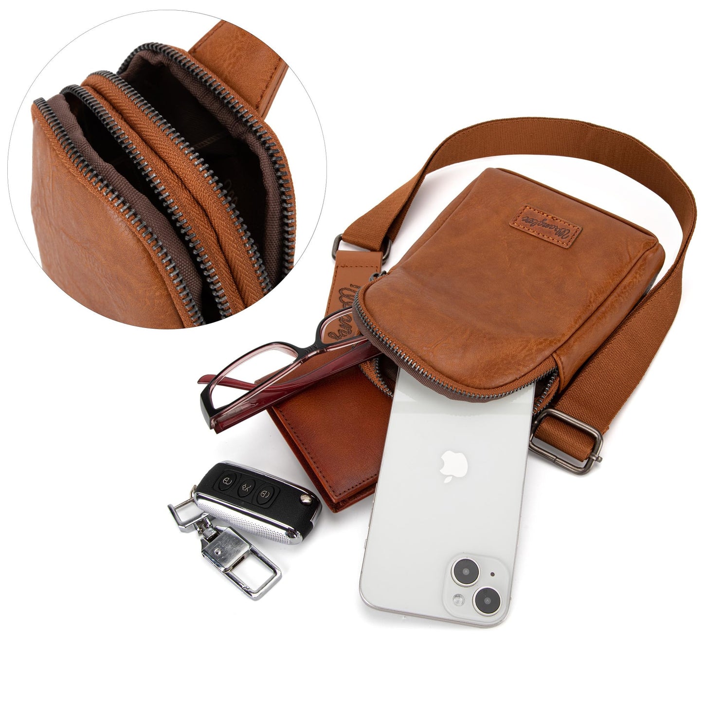 Wrangler Small Sling Bag for Women, Leather Crossbody Bags Cross Body Purse Fanny Packs with Adjustable Strap, WG-HB-87-210-LBR