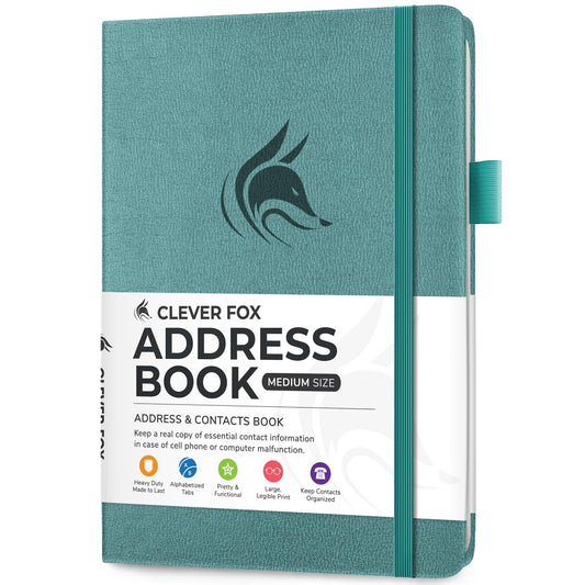Clever Fox Address Book with alphabetic tabs - PU Leather Telephone and Address Book for Keeping Contacts Safe, Contact Organizer Journal, Medium Size (5.3″ x 7.7″) Hardcover, Aquamarine