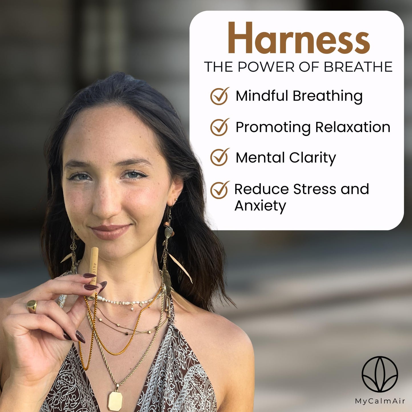 MyCalmAir Bamboo Breathing Necklace for Meditation, Mindfulness Tool, Stress Reducer, Eco-Friendly Breathe Pendant, Portable Relaxation Gift for Men & Women (Black)