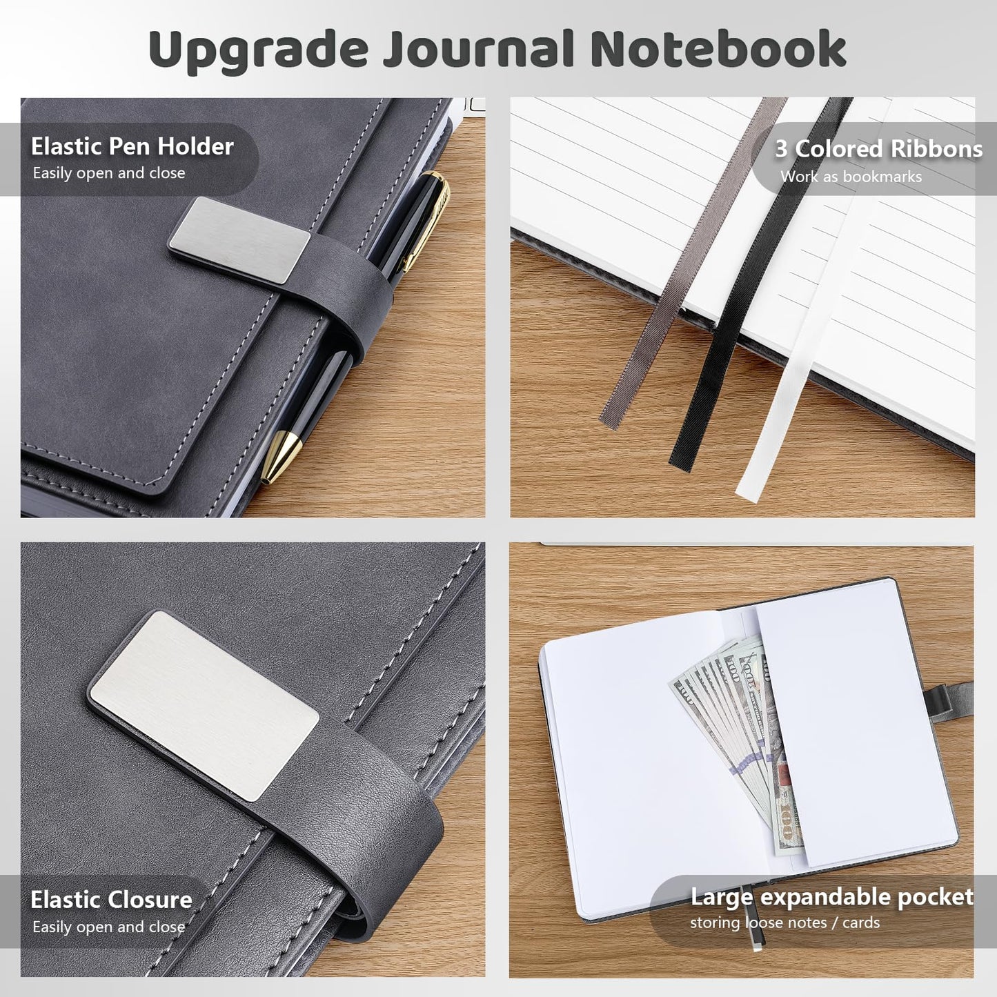 Executive Lined Journal Notebook, 256 Pages, College Ruled, A5 Hard Cover Leather, Pen included, with Notes Pocket; Journaling Notebooks for Work, Notes Taking, Personalized Gifts, Gray