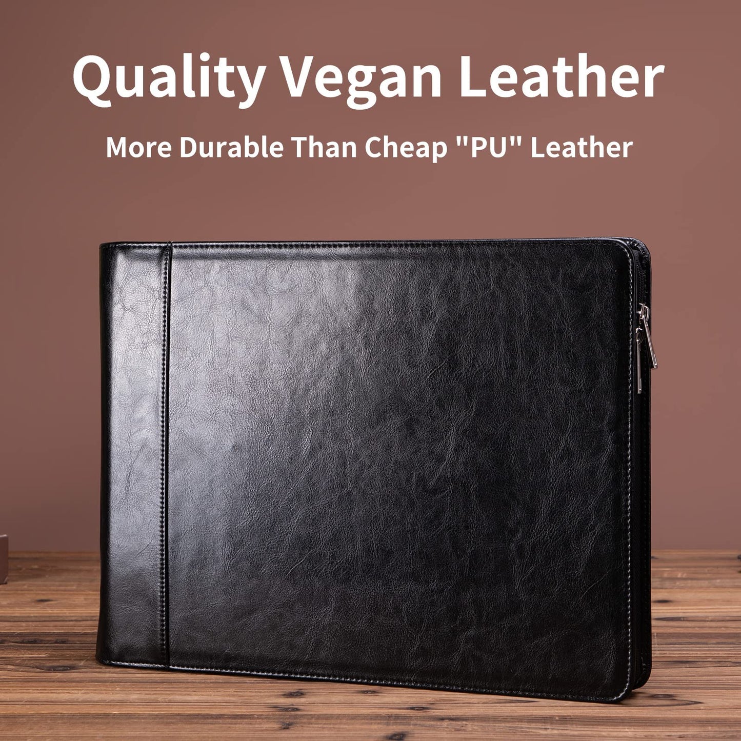 Geslun 7 Ring Check Binder, Vegan Leather Business Checkbook Cover Holder, 3-On-A-Page for 600 Checks (9 x 13”), Desk Commercial Cheque Zippered Folder, Black