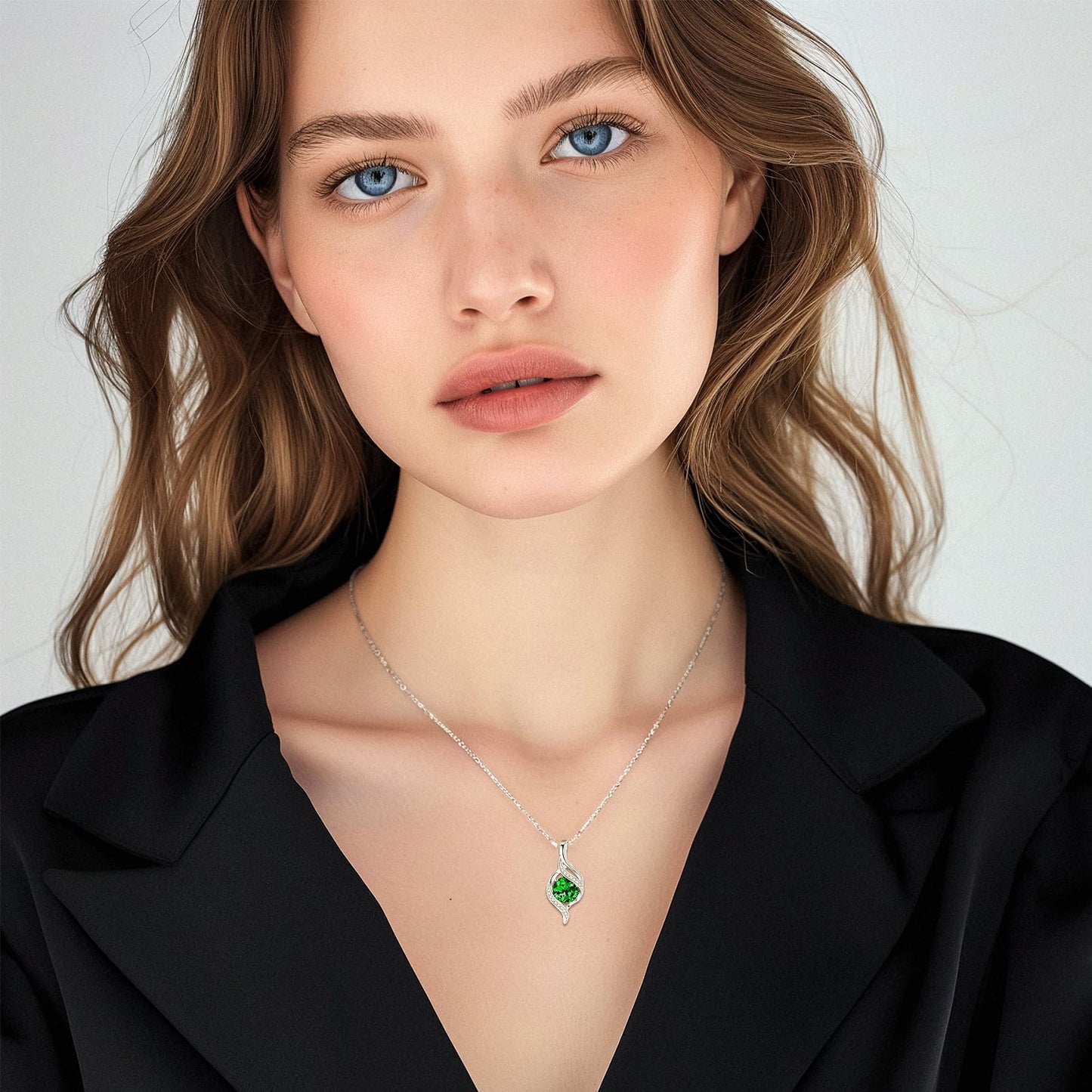FANCIME May Birthstone Necklace for Women Round Emerald Necklace S925 Sterling Silver full Love Birthday Gifts for Mom Women, 16"+2" Inches