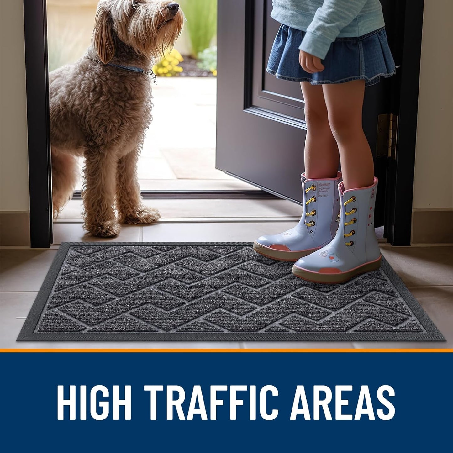 OLANLY Indoor Outdoor Front Door Mat - Waterproof All-Season Herringbone Design, Easy Clean | Grey 71x23