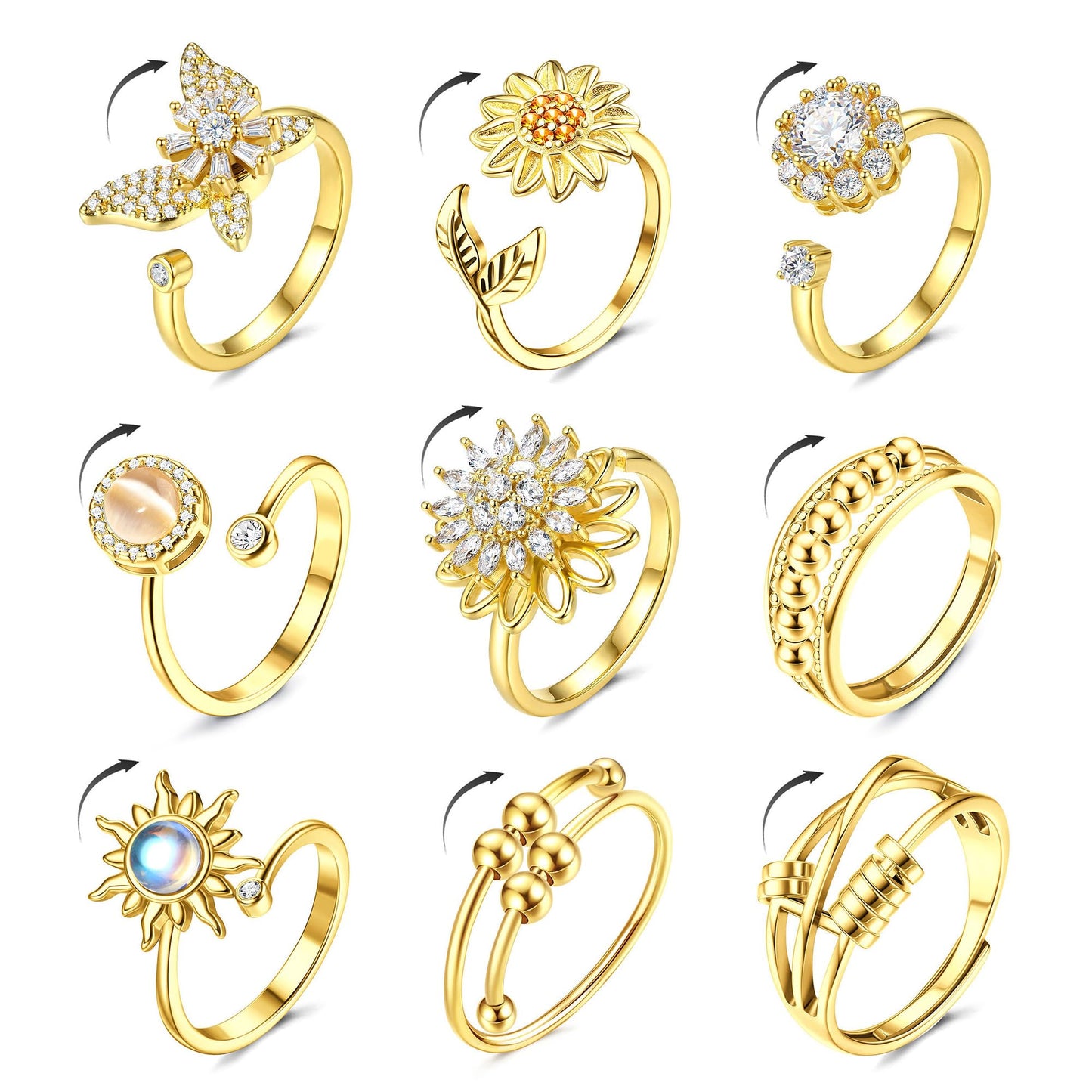 MILACOLATO 14K Gold Plated Fidget Ring for Women Adjustable Anxiety Rings Open CZ Butterfly Sunflower Bead Spinner Rings for Anxiety Stress Relief G
