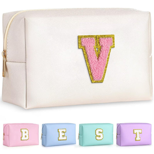 TOPEAST Initial Makeup Bags for Women, Personalized Portable Cosmetic Bag for Travel, Cute Makeup Pouch, PU Leather Waterproof Toiletry Bag, Preppy Things for Girl (Pearly White V)