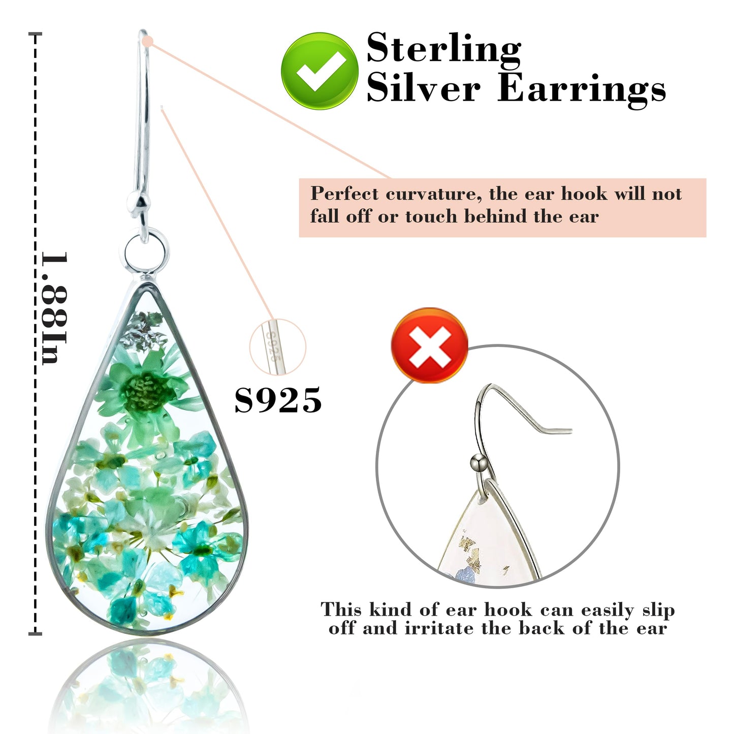 925 Sterling Silver Pressed Flower Teardrop Earrings,Hypoallergenic Women's Jewelry Gift for Mom,Handmade natural dried flower teardrop earrings Jewelry Gift (Green Silver)