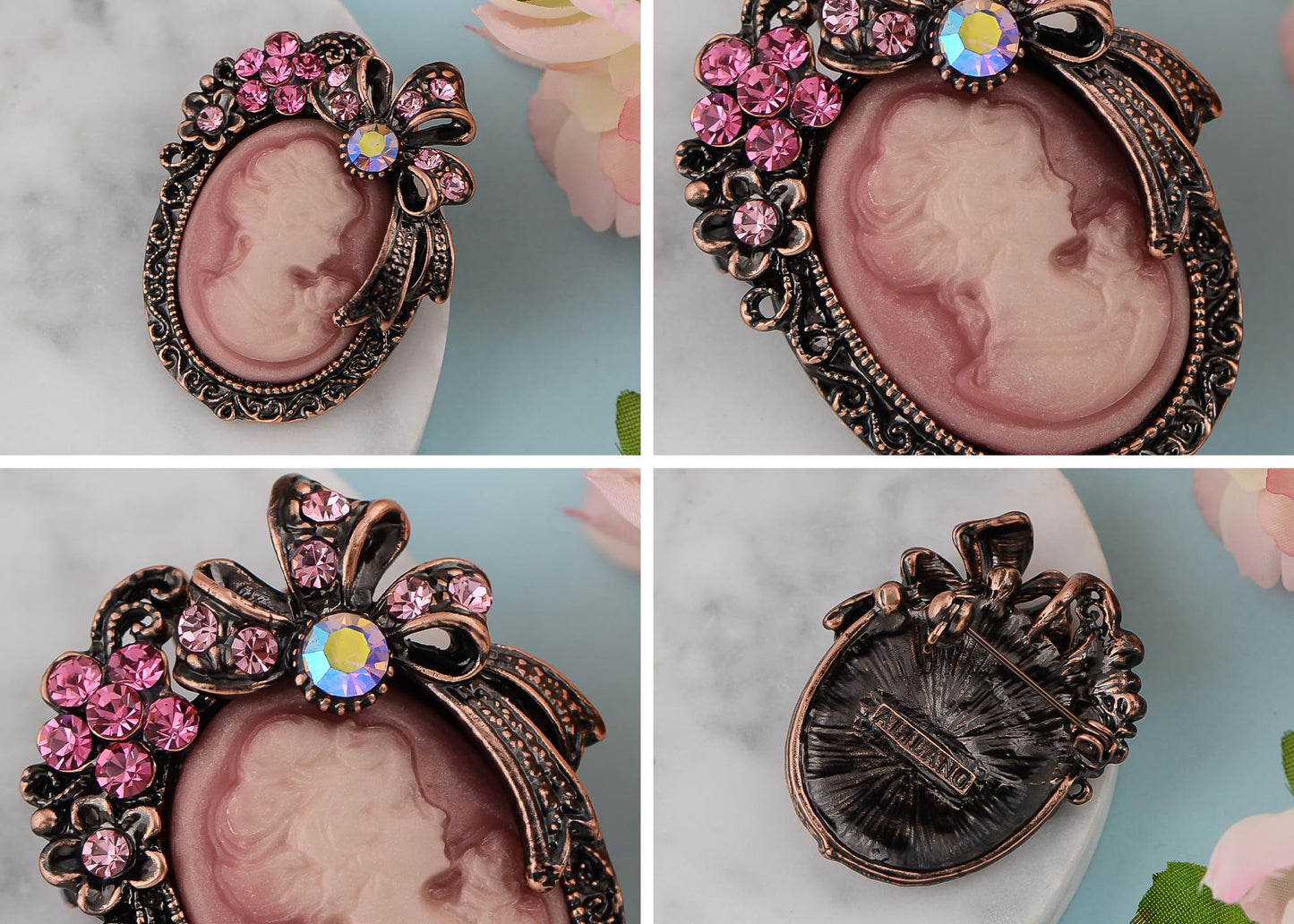 Alilang Vintage Elegant Victorian Lady Beauty Cameo with Crystal Rhinestone Brooch Pin Flower Ribbon Bow Pendant, Purple