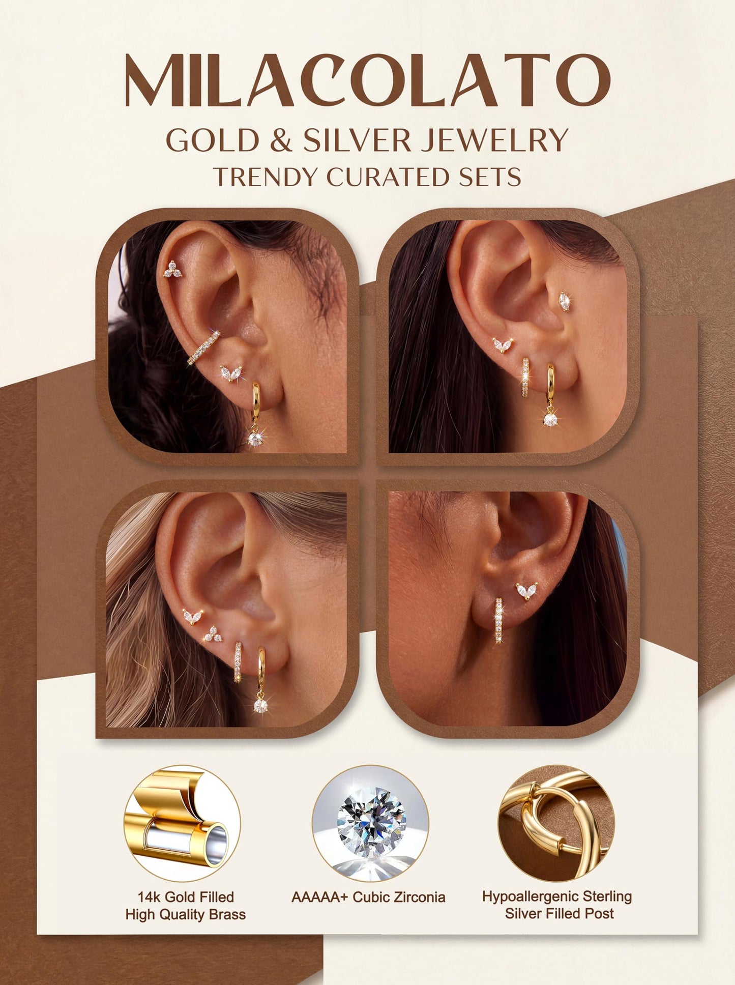 MILACOLATO 4 Pairs Gold Earrings for Women, Hypoallergenic 14K Gold Filled Small Stud Hoop Earrings Set for Multiple Piercing, Dainty Lightweight Cartilage Huggie Earrings Stacks Trendy Jewelry Gifts, B