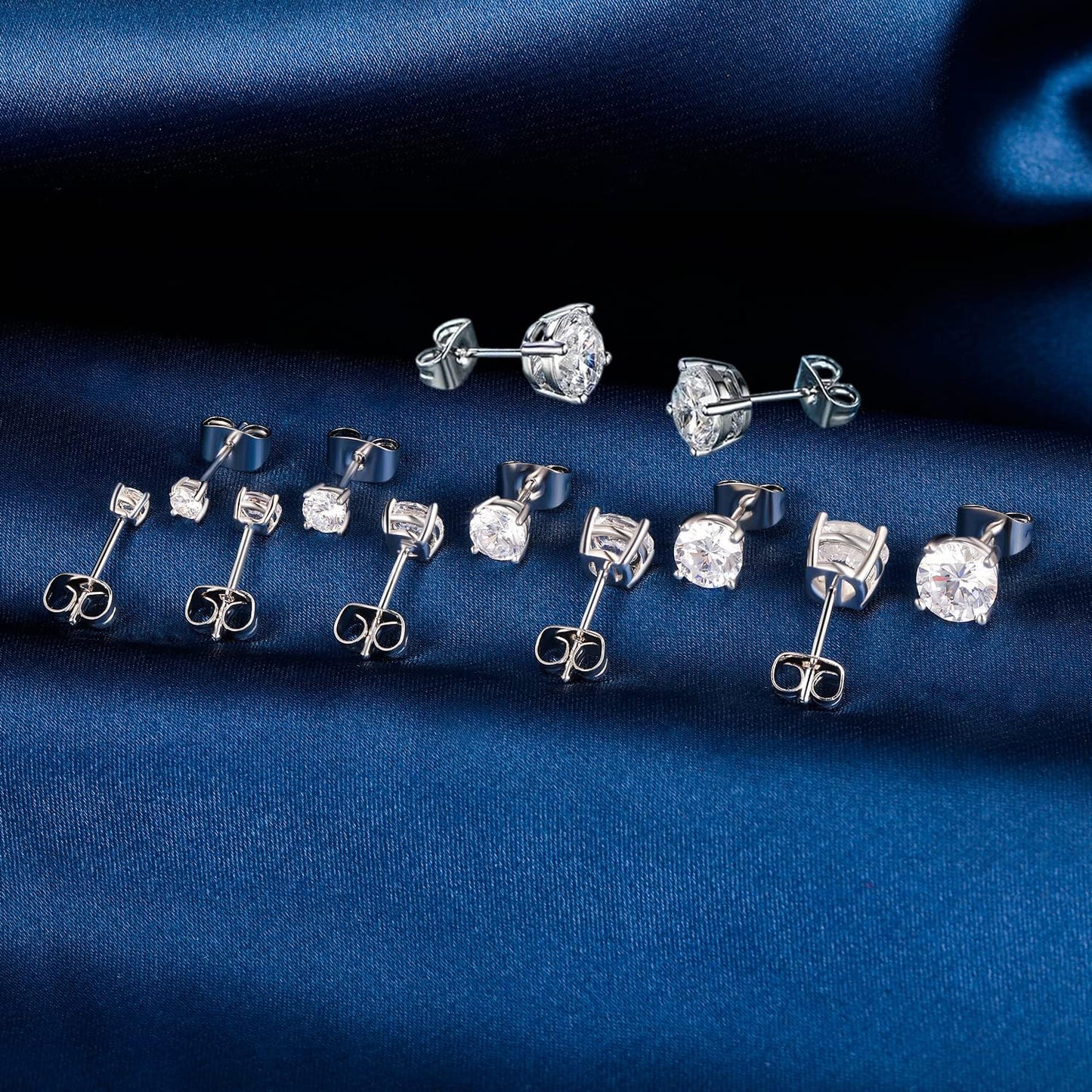Gemsme 6 Pairs Cubic Zirconia Stud Earrings for Women/Men - 3-8mm Round Cut 4 Prong Settings 18K Gold Plated Hypoallergenic Earrings Set -White Gold