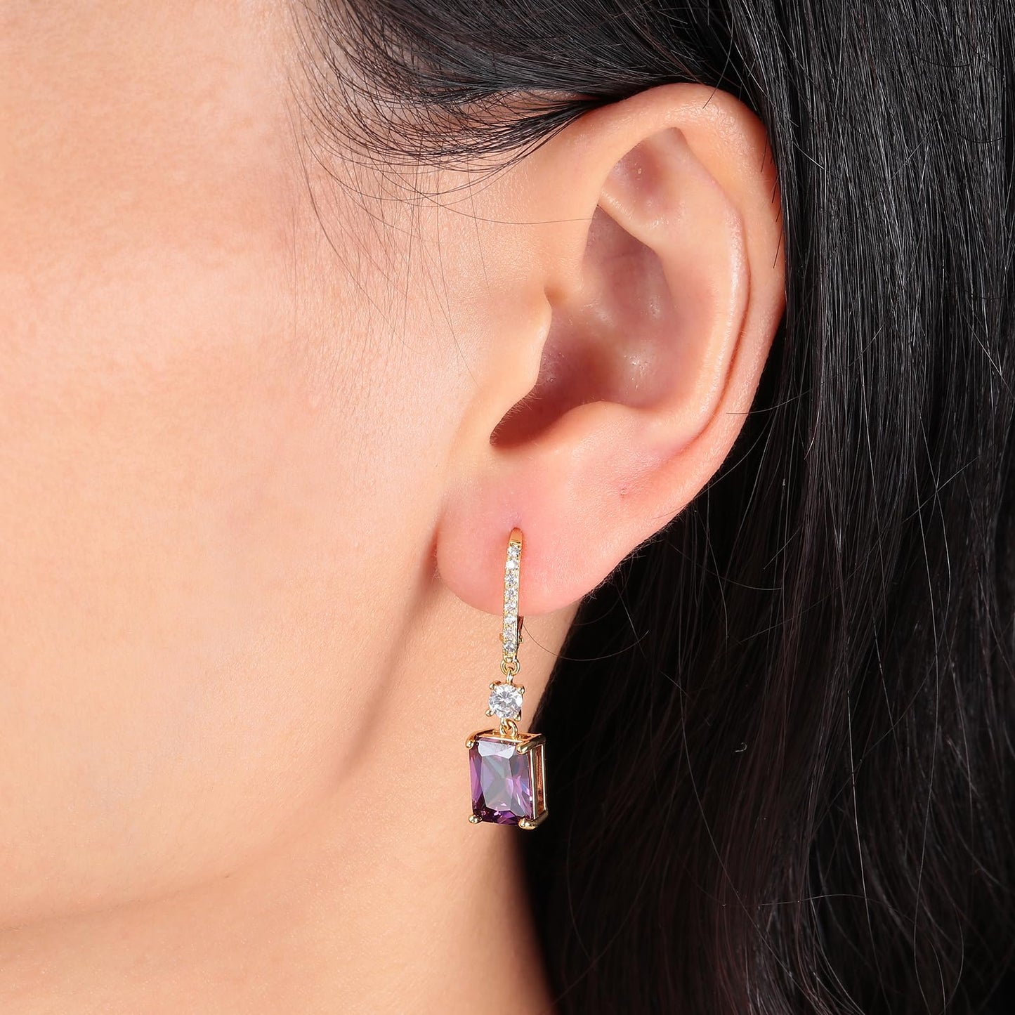 CiNily Leverback Earrings for Women Rectangular-cut Drop Dangle Earring Hypoallergenic, 14K Gold Plated Purple Cubic Zircon Earrings Diamond Dangle Ear Rings Jewelry Birthday
