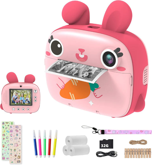 CAMCLID 2.5K 32GB 1080P 3-12 Kids Instant Camera - Instant Print Camera with No Ink, Card, Selfie & Video, Pink Toy