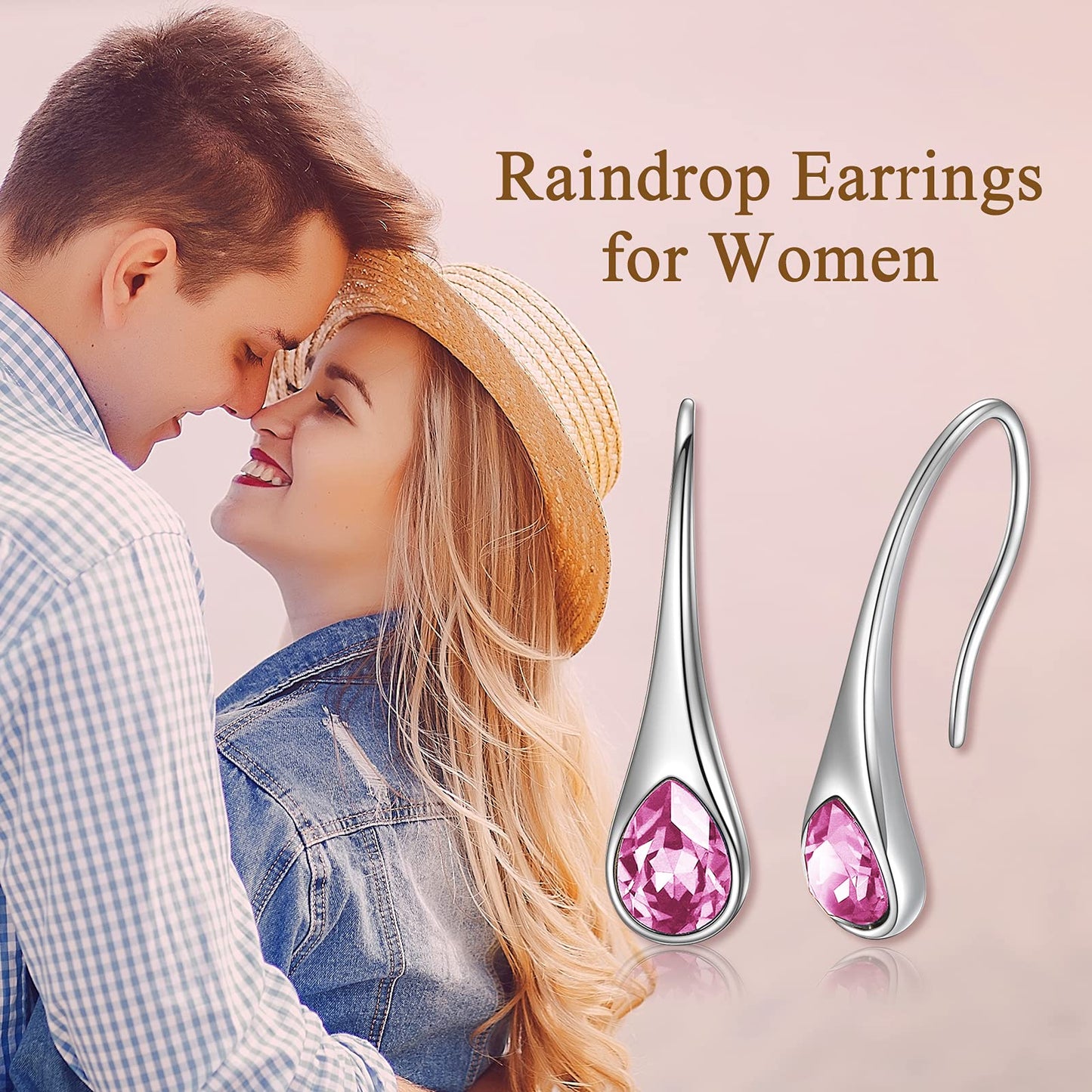 Sterling Silver Teardrop Hook Earrings with October Pink Birthstones Small Pull Through Earrings October Birthstone Jewelry Gifts for Women Wife Mom