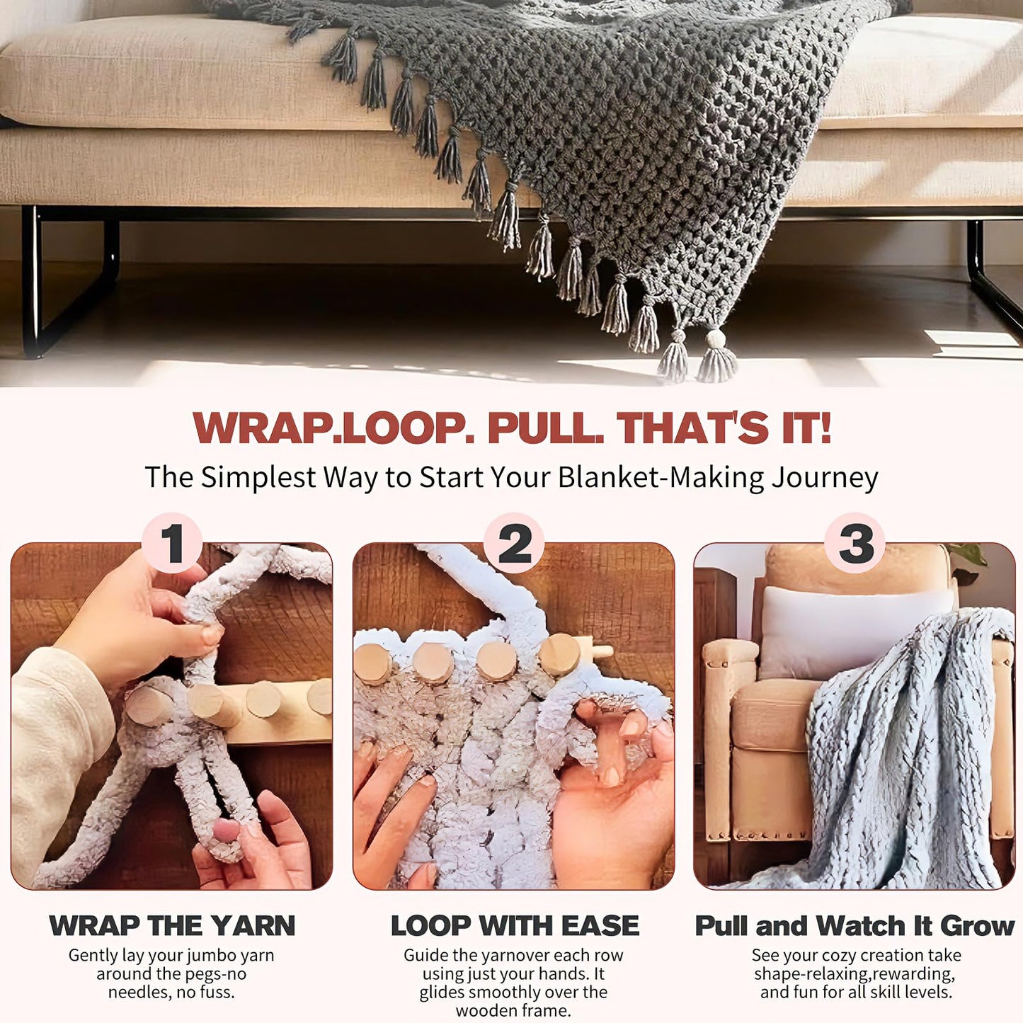 46" Chunky Blankets Loom Knitting, Wooden Knitting Loom Frame for Hand, Adjustable DIY Knitting Loom for Beginners, Reusable Blanket Loom for Bulky Yarn Gifts & Crafts
