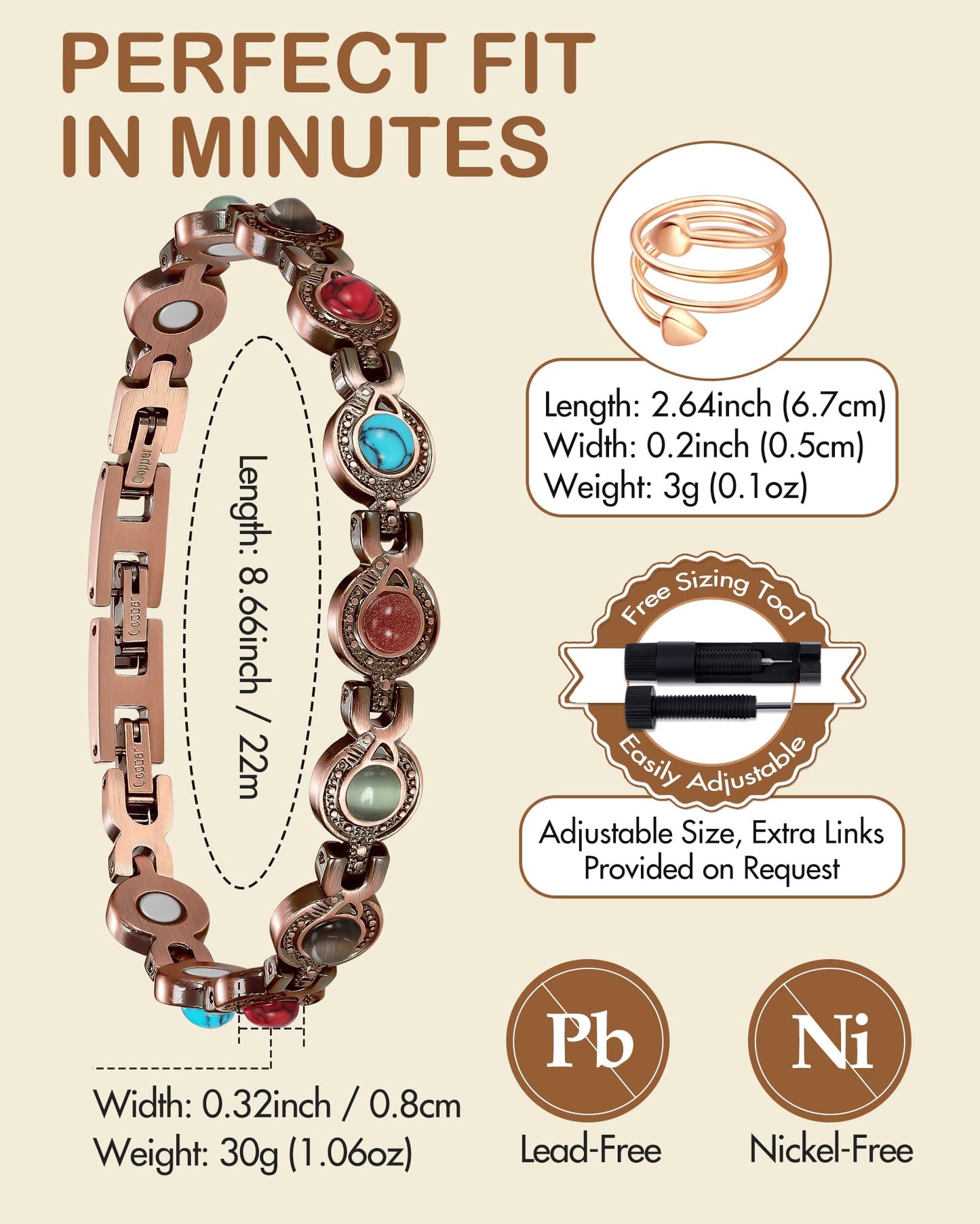 Feraco Pure Copper Bracelets & Rings for Women, Ultra Strength Magnetic Bracelet with 3800 Gauss Magnets & Natural Turquoise & Stones, Adjustable, Jewelry Gift (Circular)