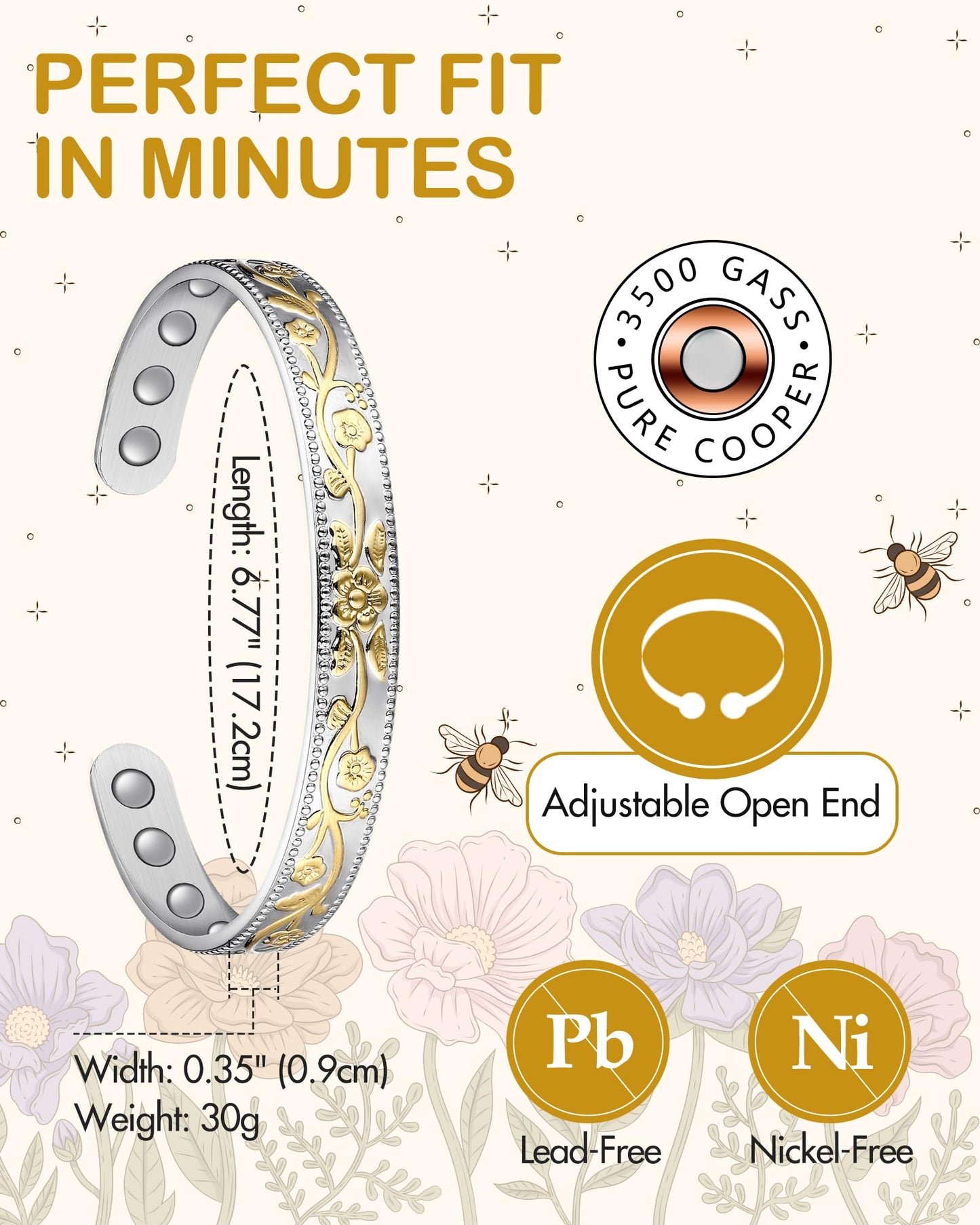 Feraco Copper Bracelet for Women, Ultra Strength Magnetic Bracelets, 99.99% Pure Copper Cuff Bangle with 3500 Gauss Neodymium Magnets, Adjustable (Silver & Gold)