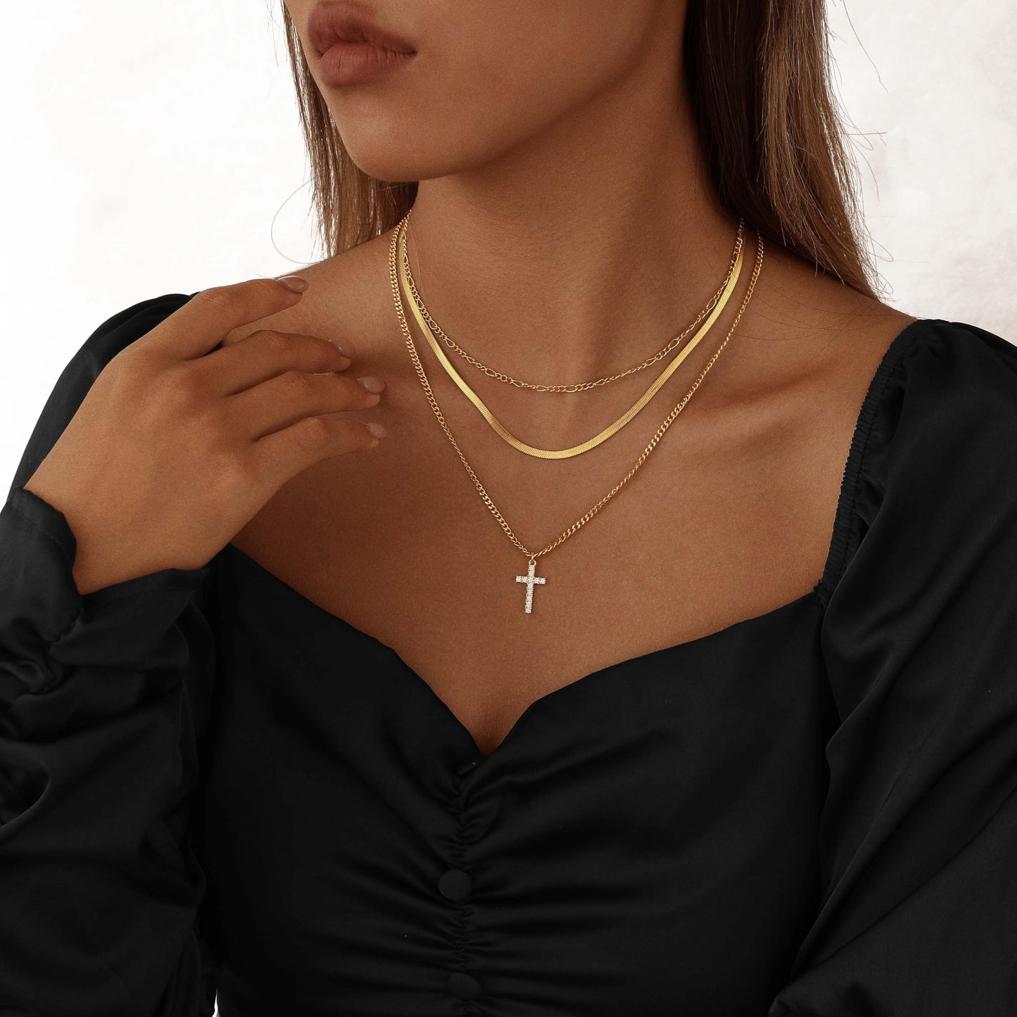 Nancomy Layered Gold Cross Necklaces for Women, Stack Stackable 14K Gold Plated Cubic Zirconia Pendant Necklace Set Dainty Choker Layering Necklaces for Women Faith Jewelry Religious Gifts