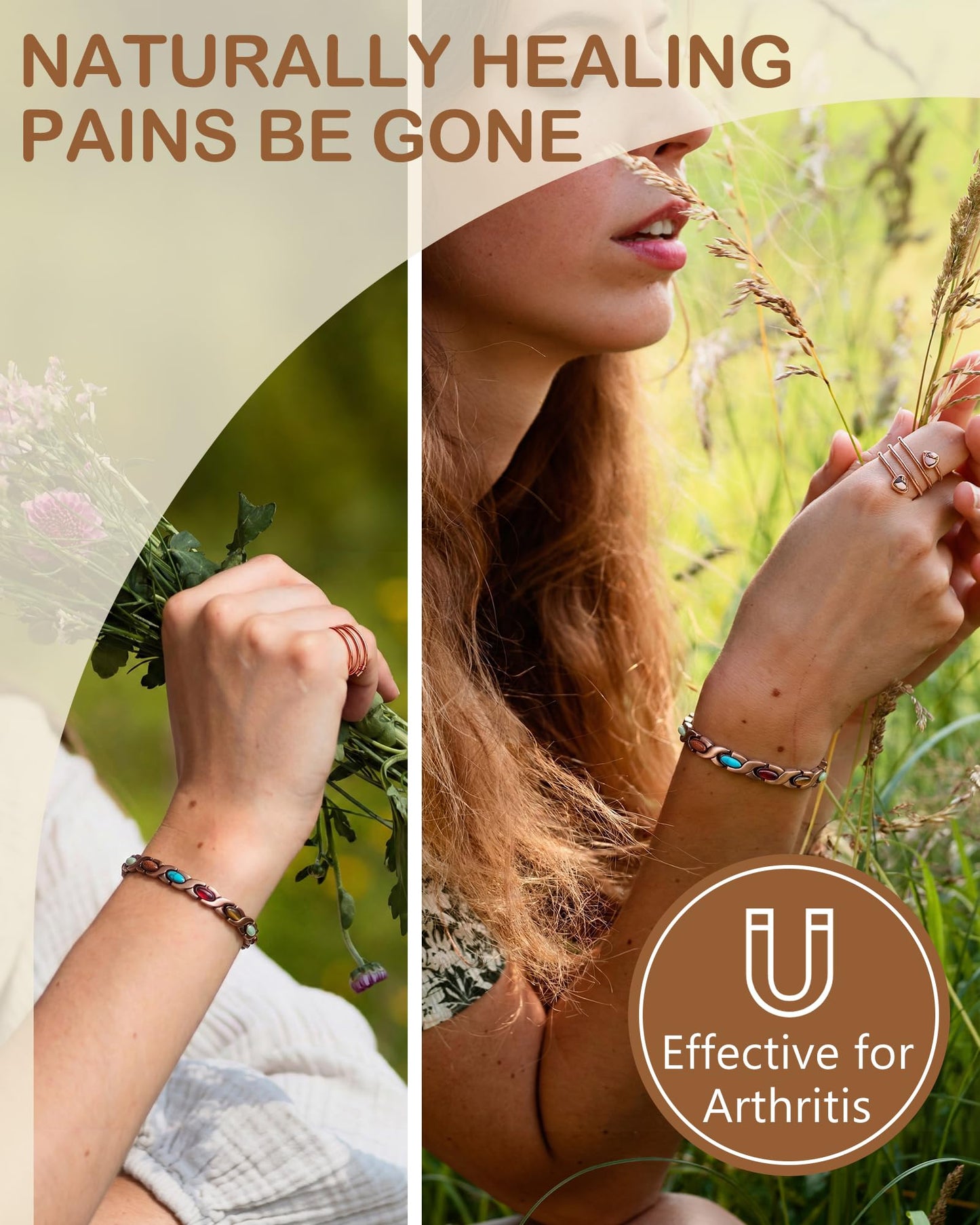 Feraco Pure Copper Bracelets & Ring for Women, Ultra Strength Magnetic Therapy Bracelet with 3800 Gauss Magnets, Natural Turquoise & Stones, Adjustable, Infinite Jewelry
