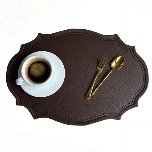 Leather Washable Placemats, Brown Thick Faux Leather Heat Resistant Elliptical Shape Table Mats,Waterproof Non-Slip Easy to Clean Place mat for Kitchen Coffee Dining Room Table Set of 6
