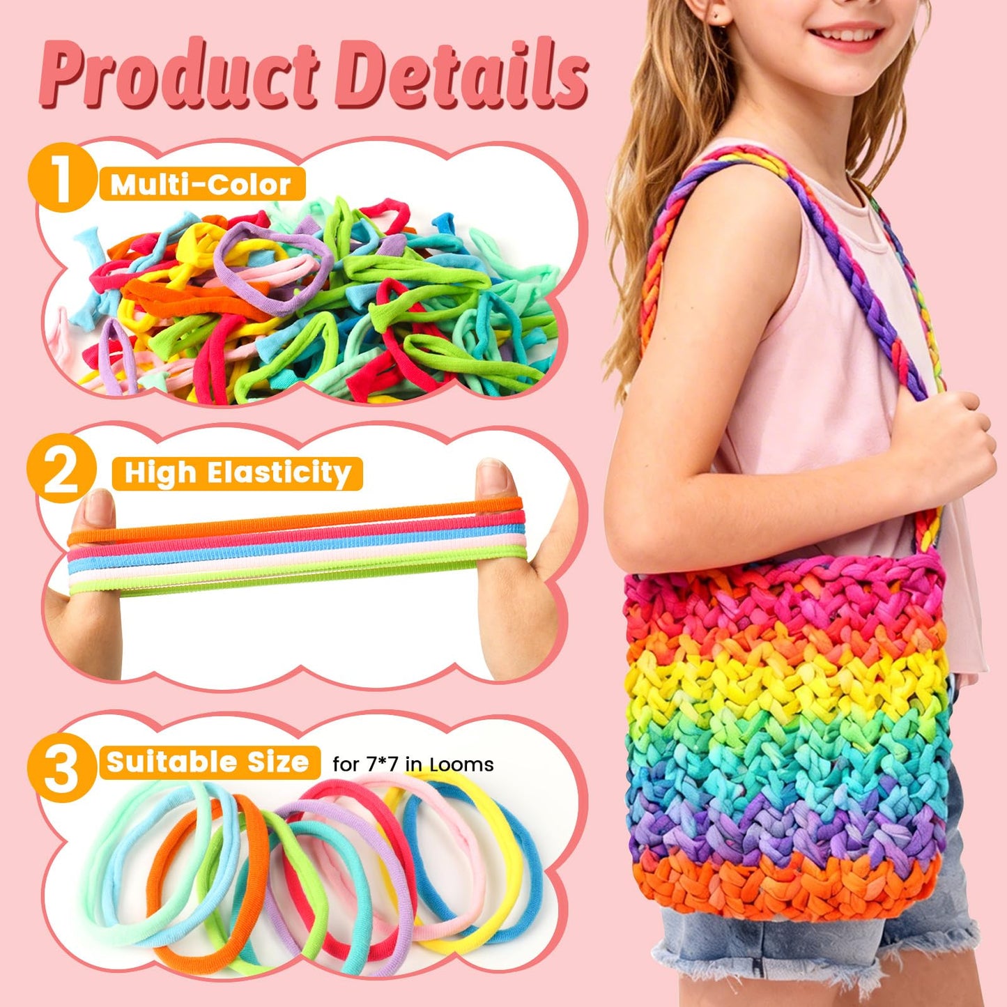 CXIIPOL 1000 Pcs 7 inch Colorful Loom Loops Potholder, 10 Colors Weaving Loom Refill Loops, Flexible DIY Kit Colorful Weaving Crafts for DIY Projects