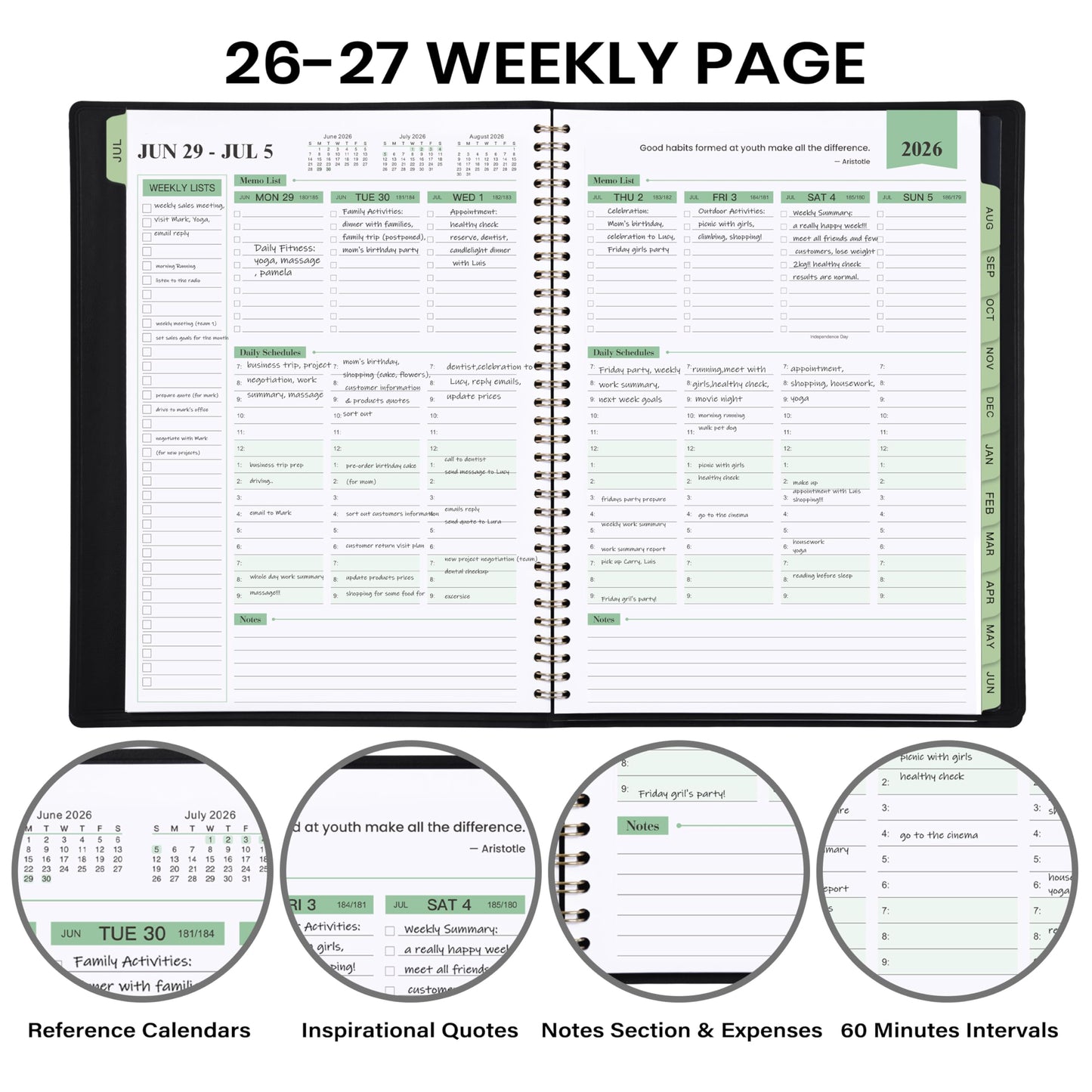 2026-2027 Planner - 11.38'' x 8.74'', Weekly & Monthly Planner Notepad, JUL. 2026 - JUN.2027, Appointment Book 2026-2027, 60 Minutes Interval, Monthly Tabs, Faux Soft Leather, Spiral Bound - Black