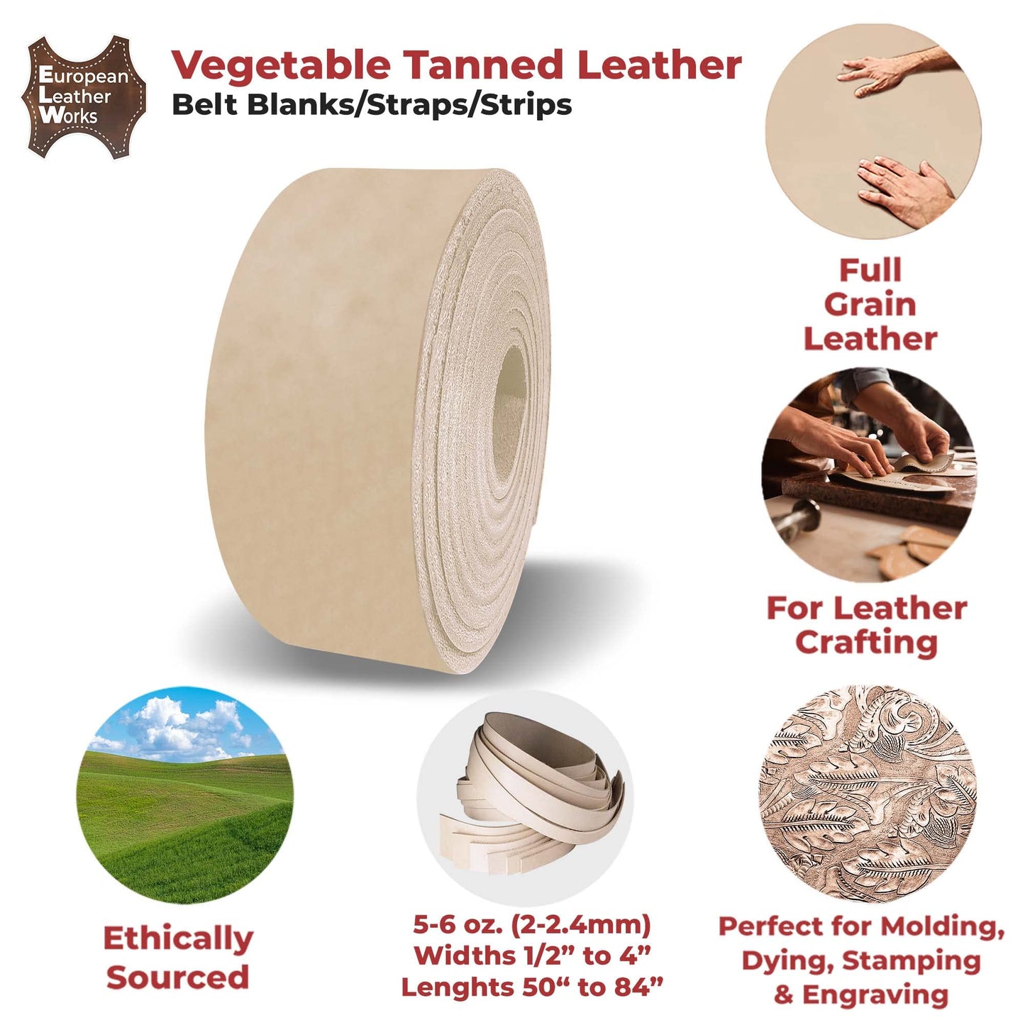 ELW Leather Blank Belt | 5-6 Oz. (2-2.4mm) Thickness | Size: 1"x60" (2.54x152cm) | Cowhide Vegetable Tanned | Full Grain Strip, Strap | Ideal for DIY Belts for Tooling, Crafting, Stamping, Dyeing