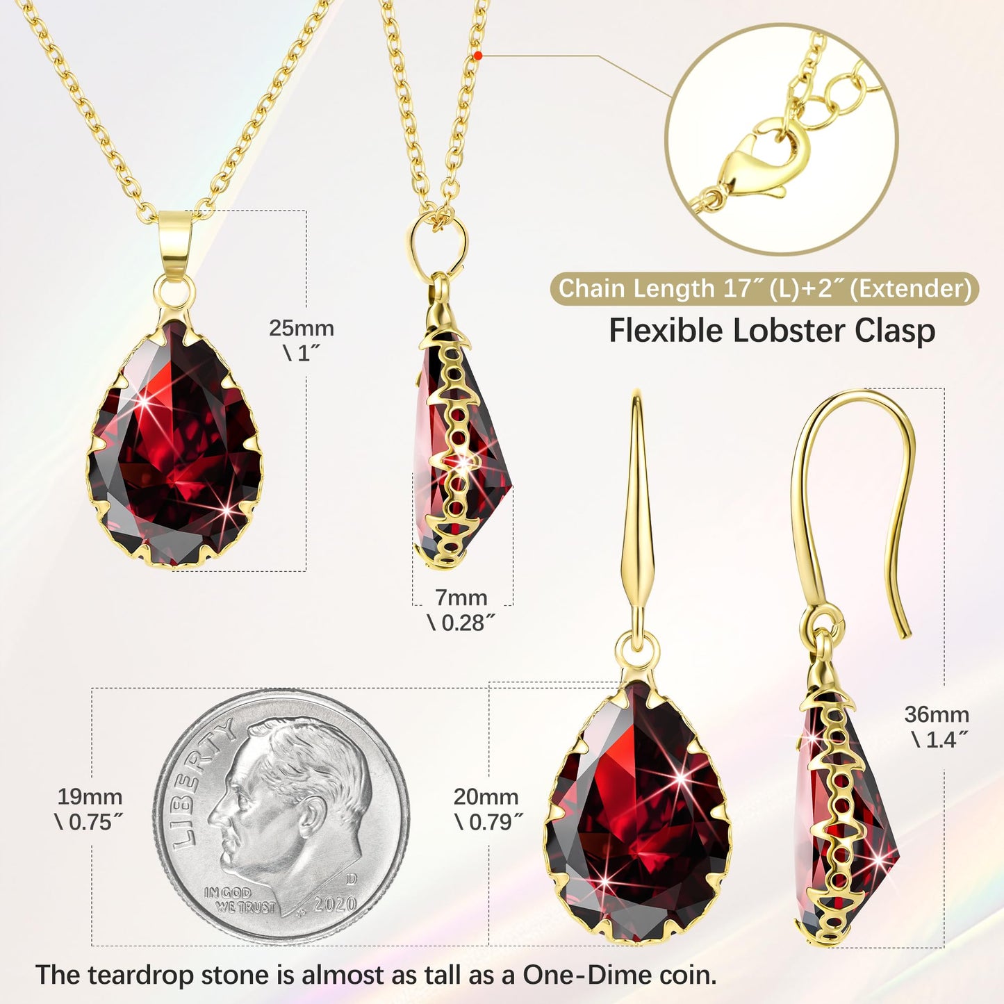 Linawe Ruby Crystal Jewelry Sets, Gold Earring Necklace Set Women Trendy, Imitation Diamond Pendant Rhinestone Drop Dangle Boho Wedding Jewelry, Rhinestone Cubic Zirconia Teardrop