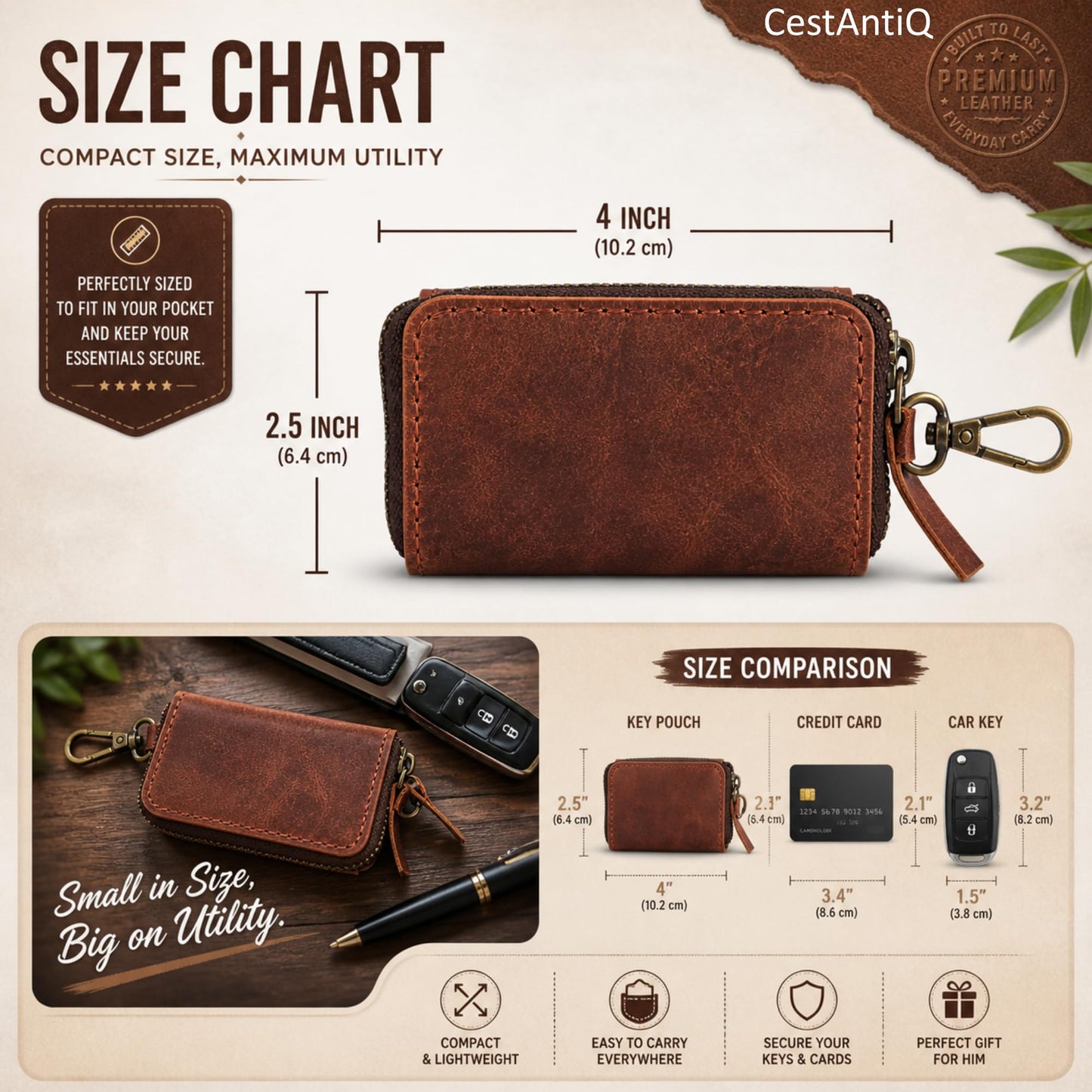 Handmade Full Grain Leather Car Key Holder & Zippered Coin Purse | Belt Loop Key Chain, Compact Earphone Holder, Multi-Functional Money Purse, Elegant Leather Accessory, Versatile Key Organizer