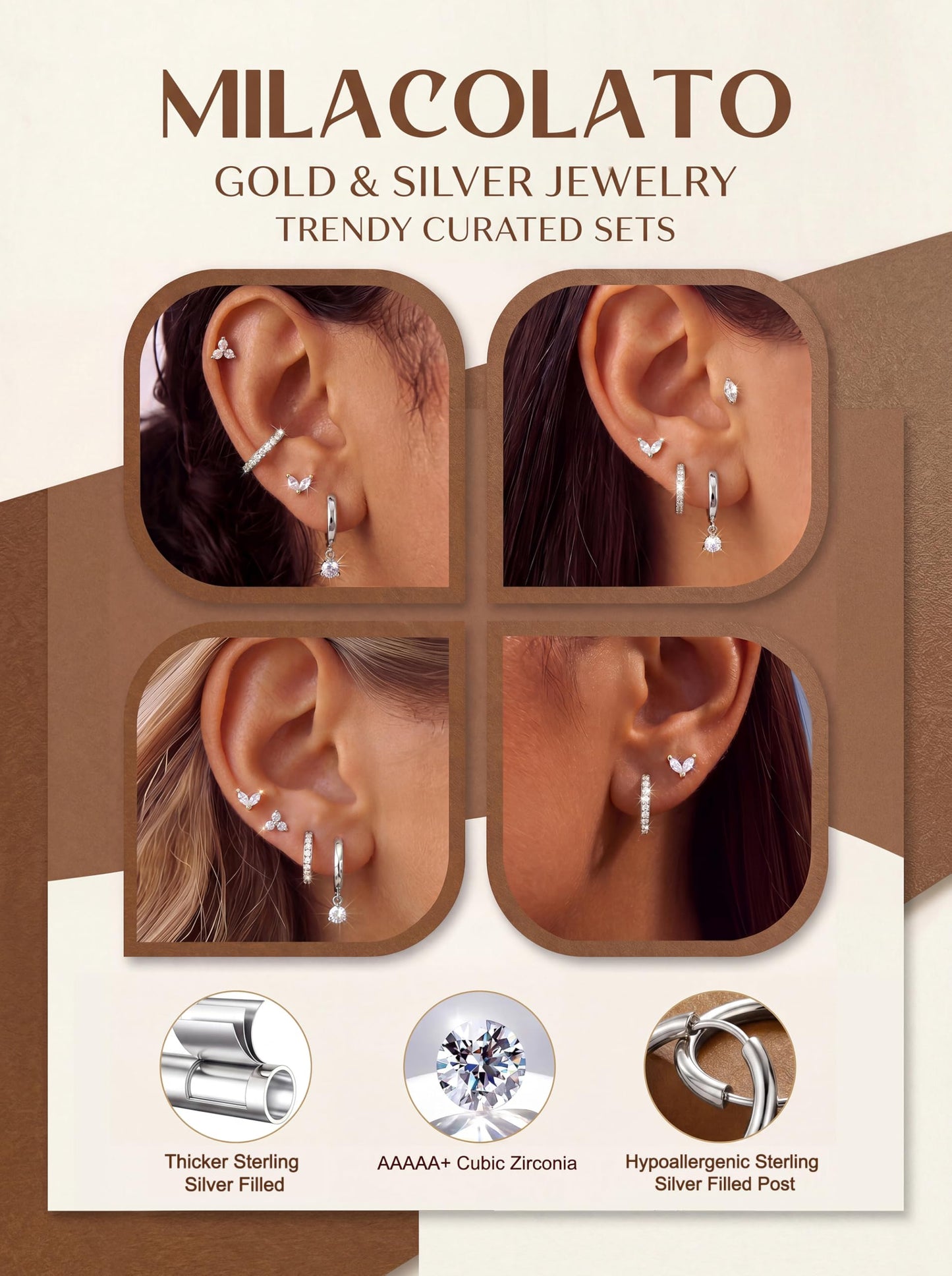 MILACOLATO 4 Pairs Silver Earrings for Women, Hypoallergenic Sterling Silver Filled Small Stud Hoop Earrings Set for Multiple Piercing, Dainty Lightweight Cartilage Huggie Earrings Stacks Trendy Jewelry Gifts, A