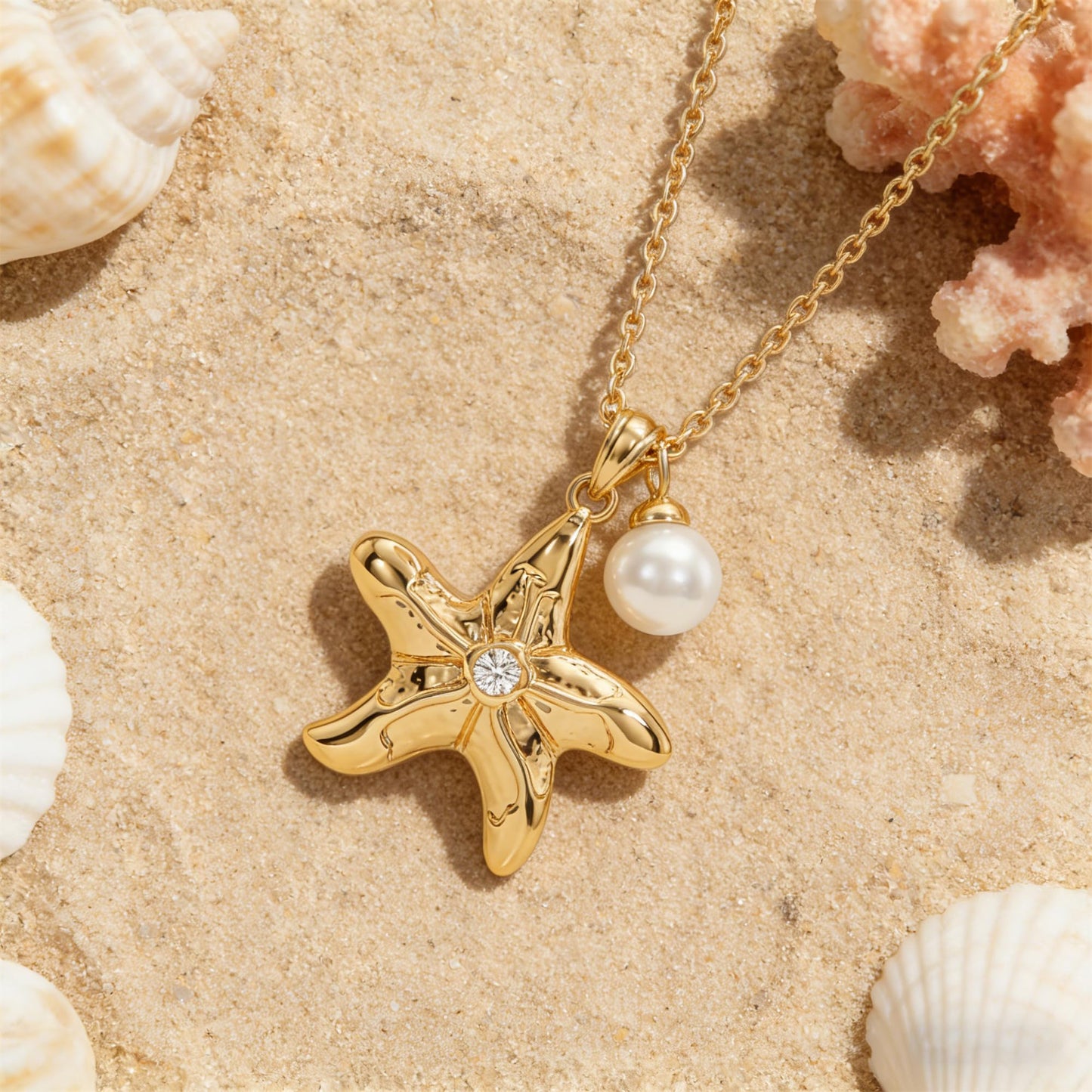 MEVECCO Dainty Gold Starfish Pearl Pendent Necklace for Women 18K Gold Plated Beach Cute Starfish Necklace Pearl Boho Handmade Ocean jewelry