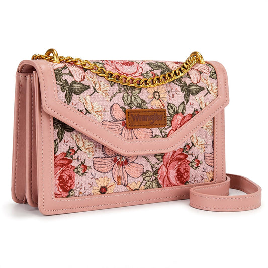 Wrangler Flap Crossbody Purse for Women Vintage Floral Tooled Shoulder Bag Western Small Clutch Wallets with Chain Strap Gift WG438-2365PK